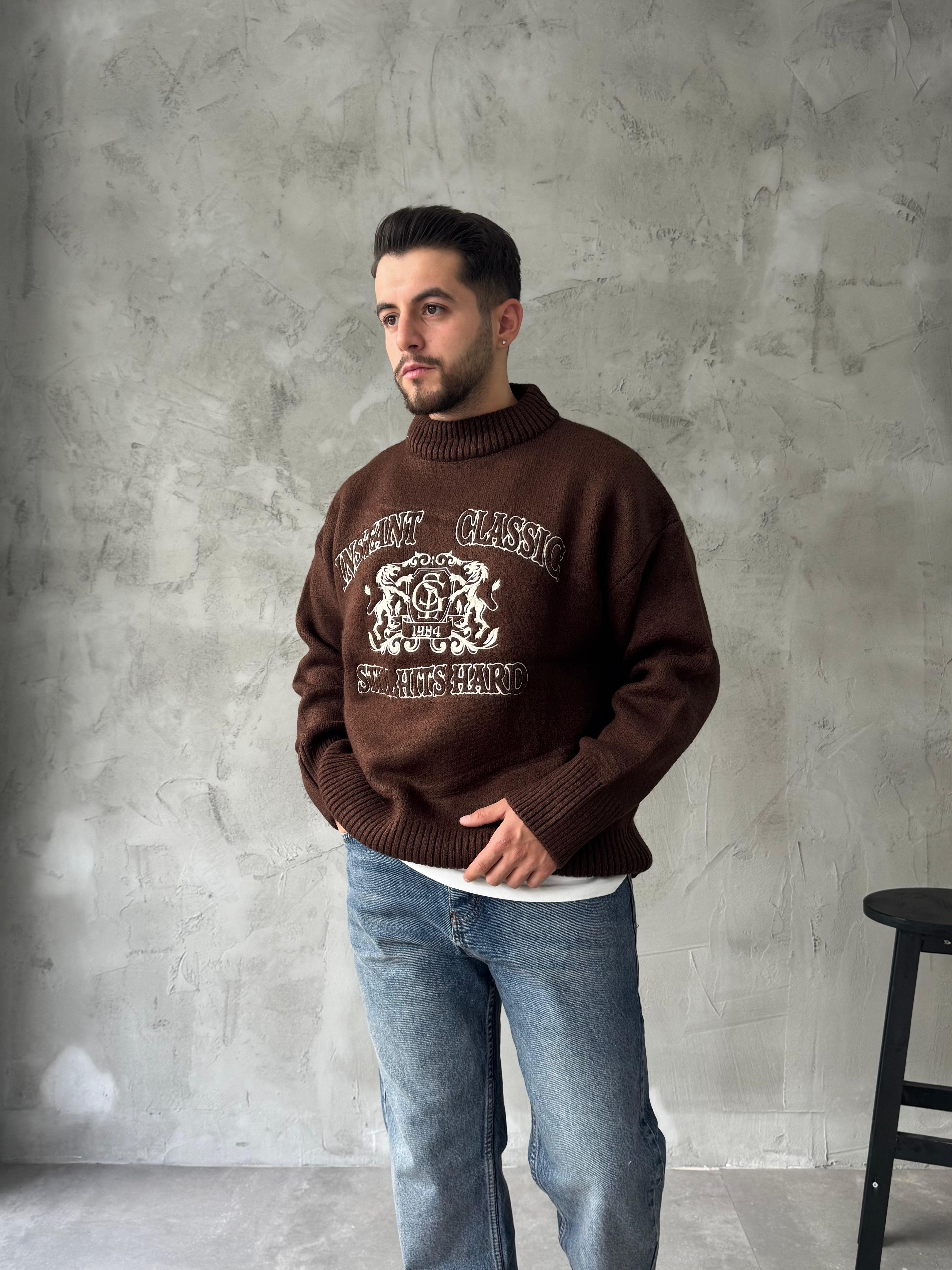 Kahve Instant Nakışlı Oversize Kazak