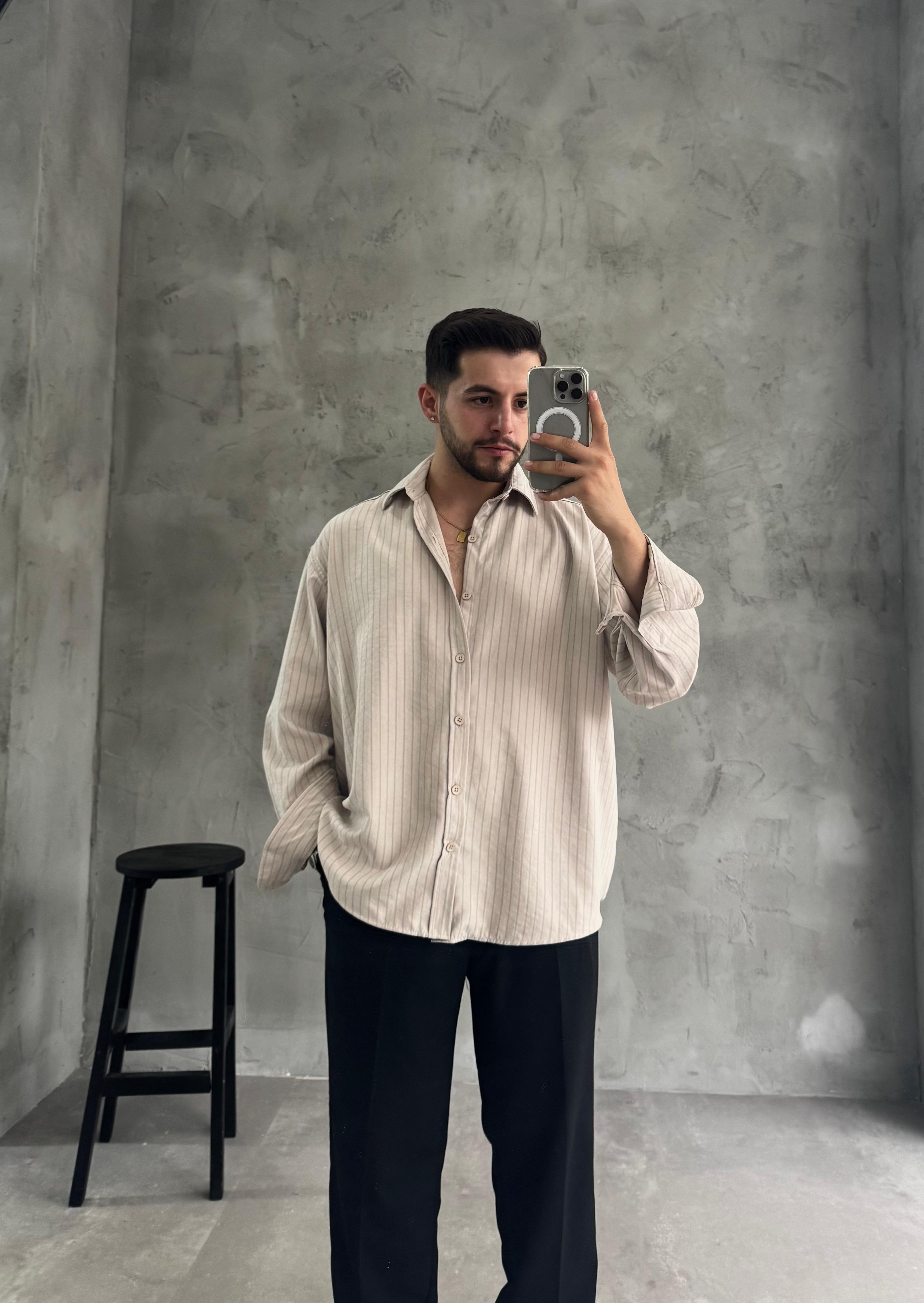 GG Krem Kışlık Modal Kumaş Çizgili Gömlek