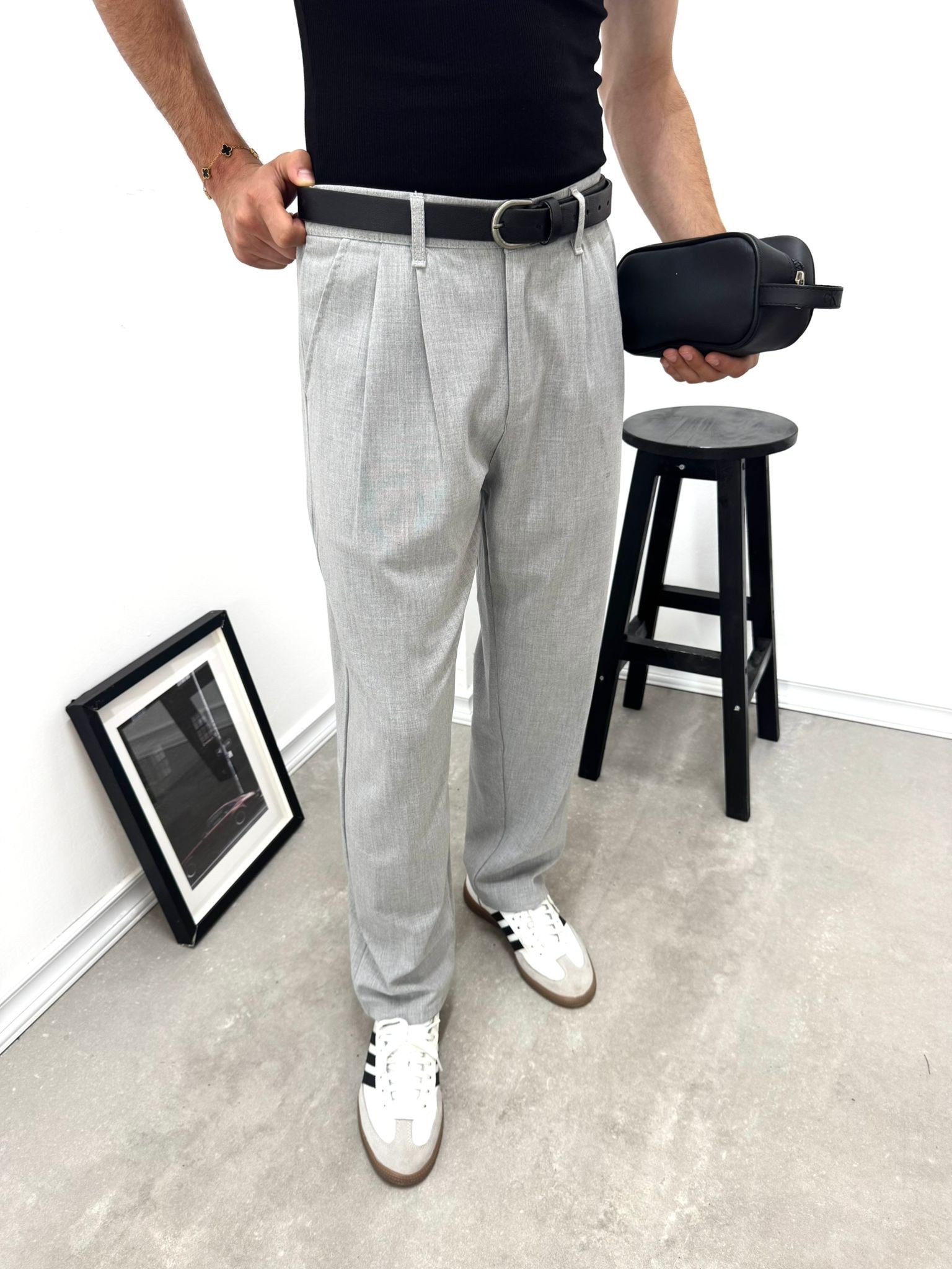 PİLELİ BAGGY KUMAŞ PANTOLON - GRİ