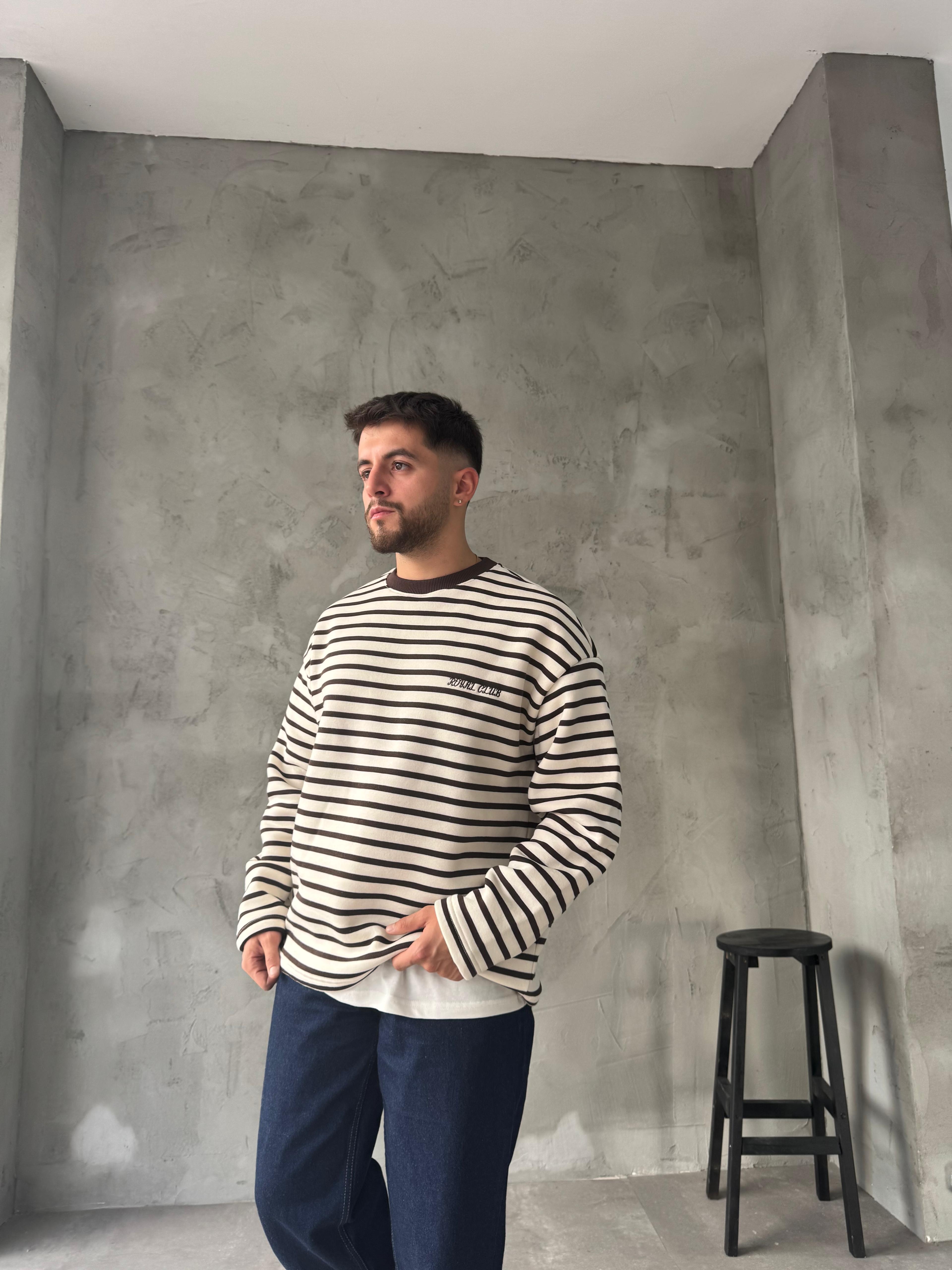 Kahve Royal Club Çizgili Sweatshirt