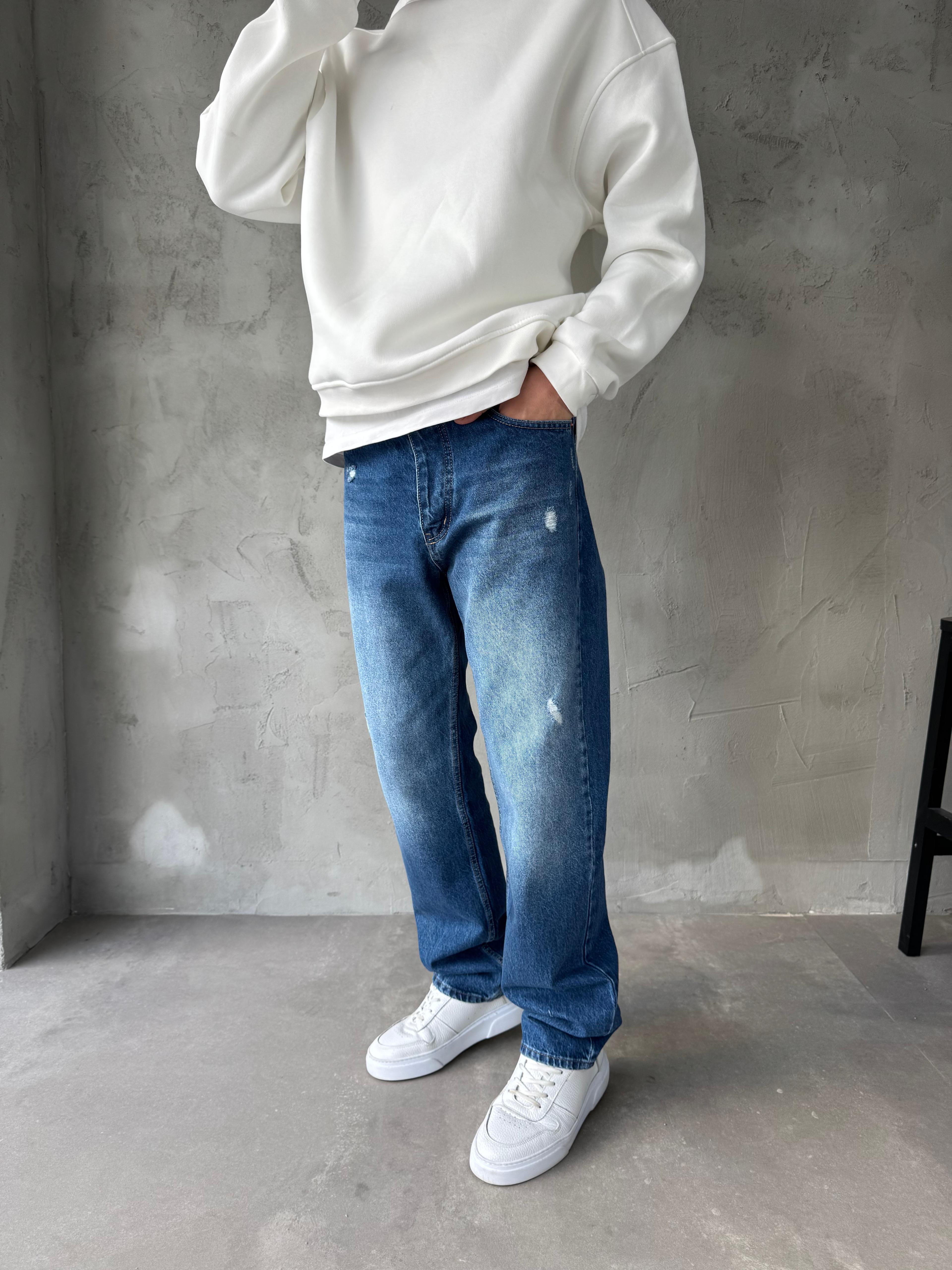 MAVİ TAŞLANMIŞ YIRTIKLI BAGGY KALIP PANTOLON - MAVİ