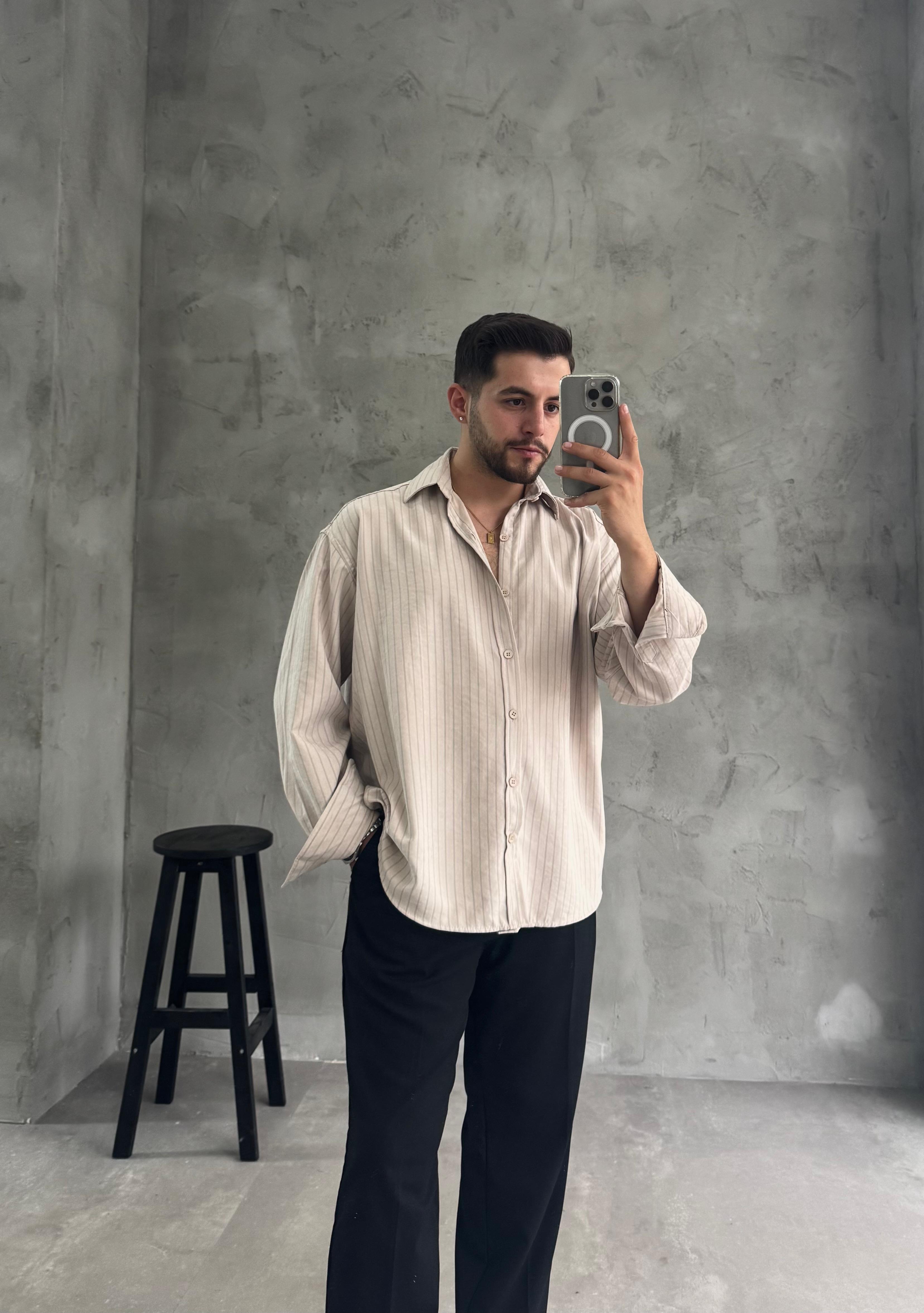 GG Krem Kışlık Modal Kumaş Çizgili Gömlek