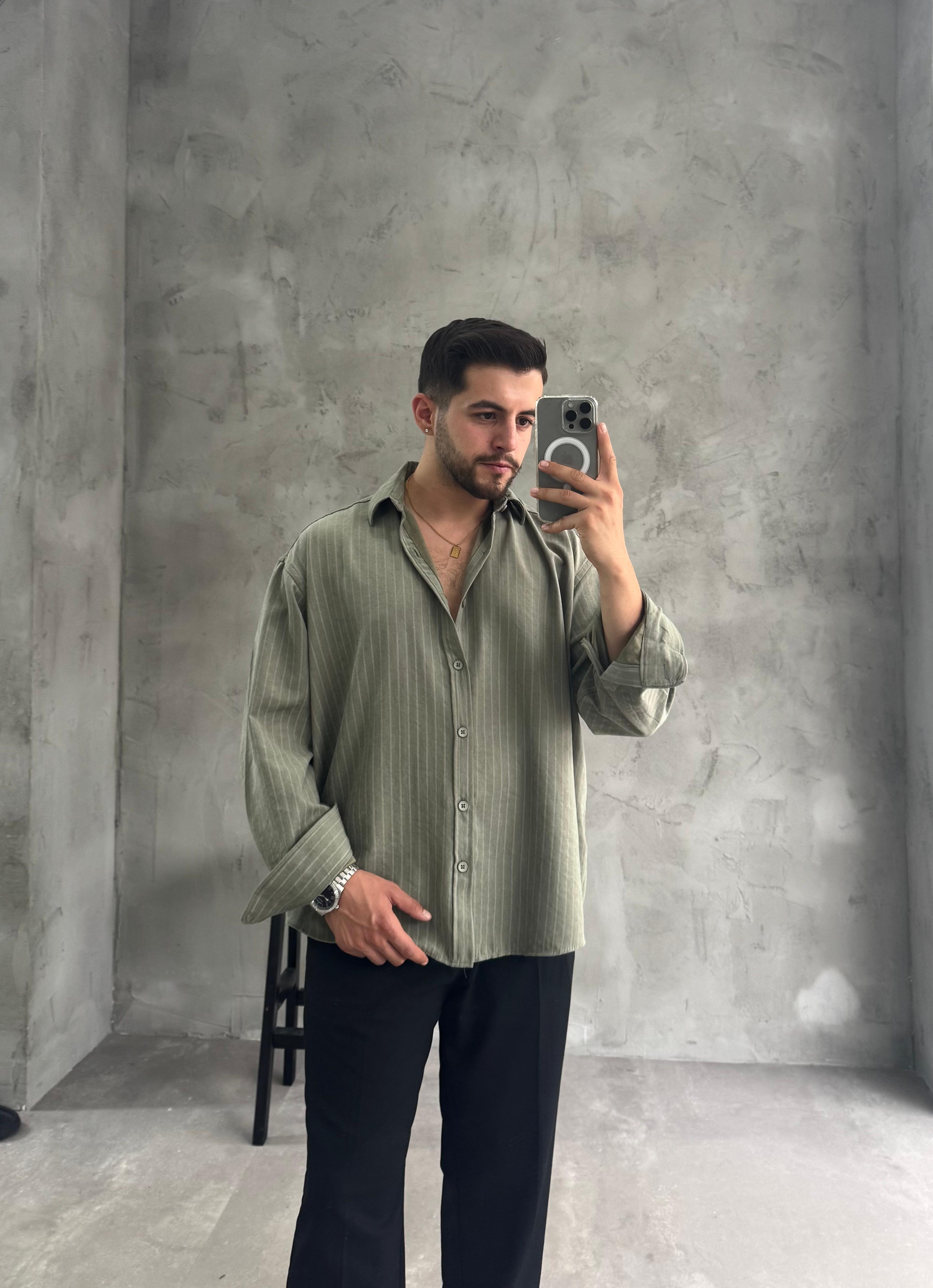 GG Haki Kışlık Modal Kumaş Çizgili Gömlek