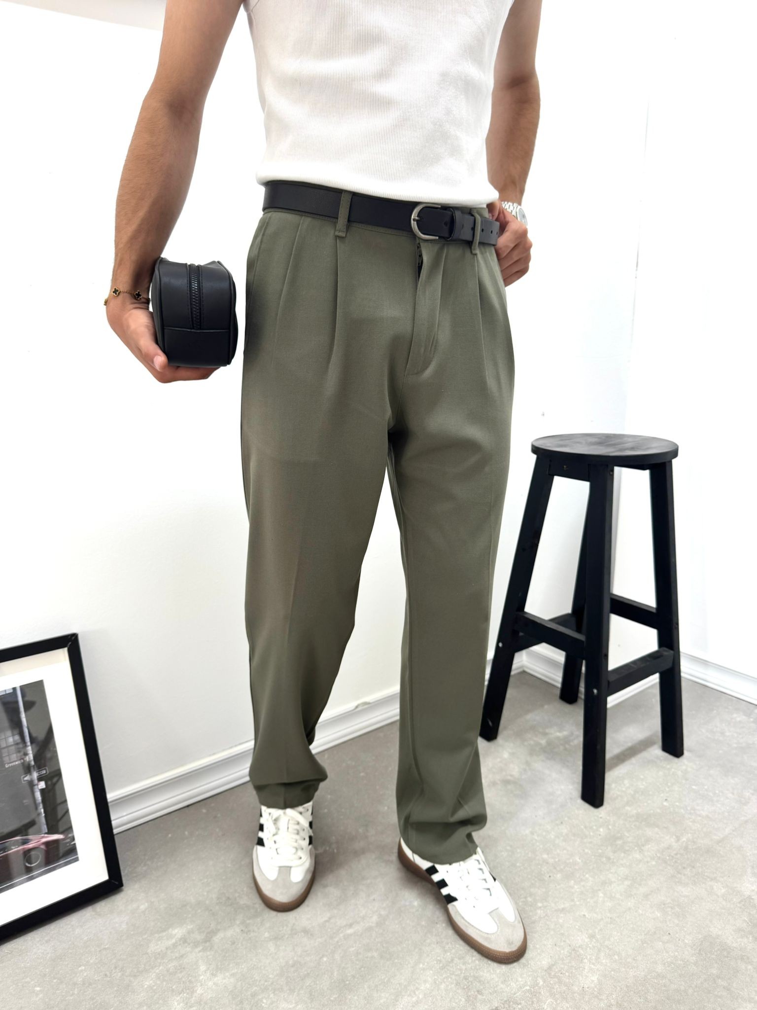 PİLELİ BAGGY KUMAŞ PANTOLON - HAKİ