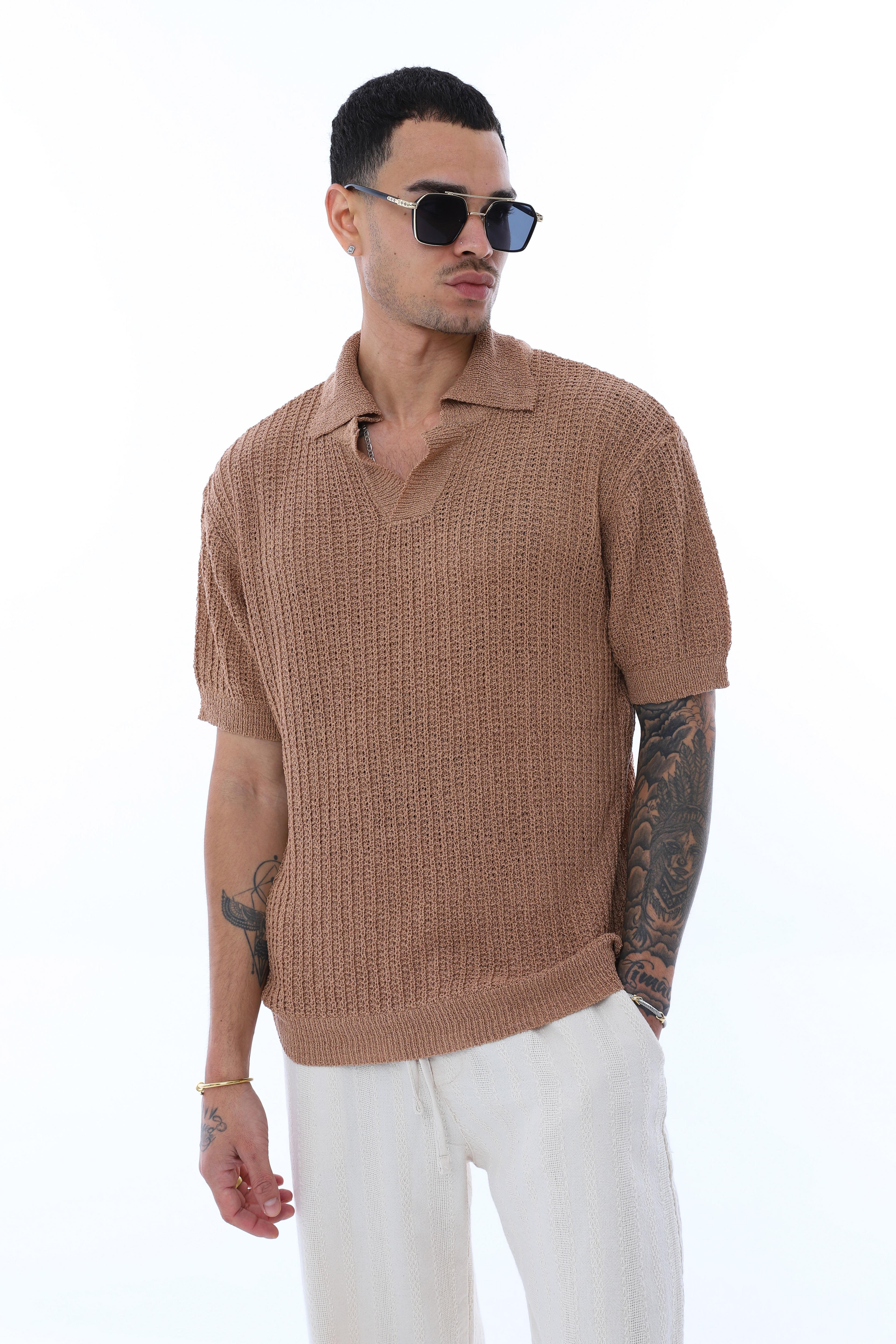 OVERSIZE POLO YAKA TRİKO T-SHIRT - KAHVERENGİ