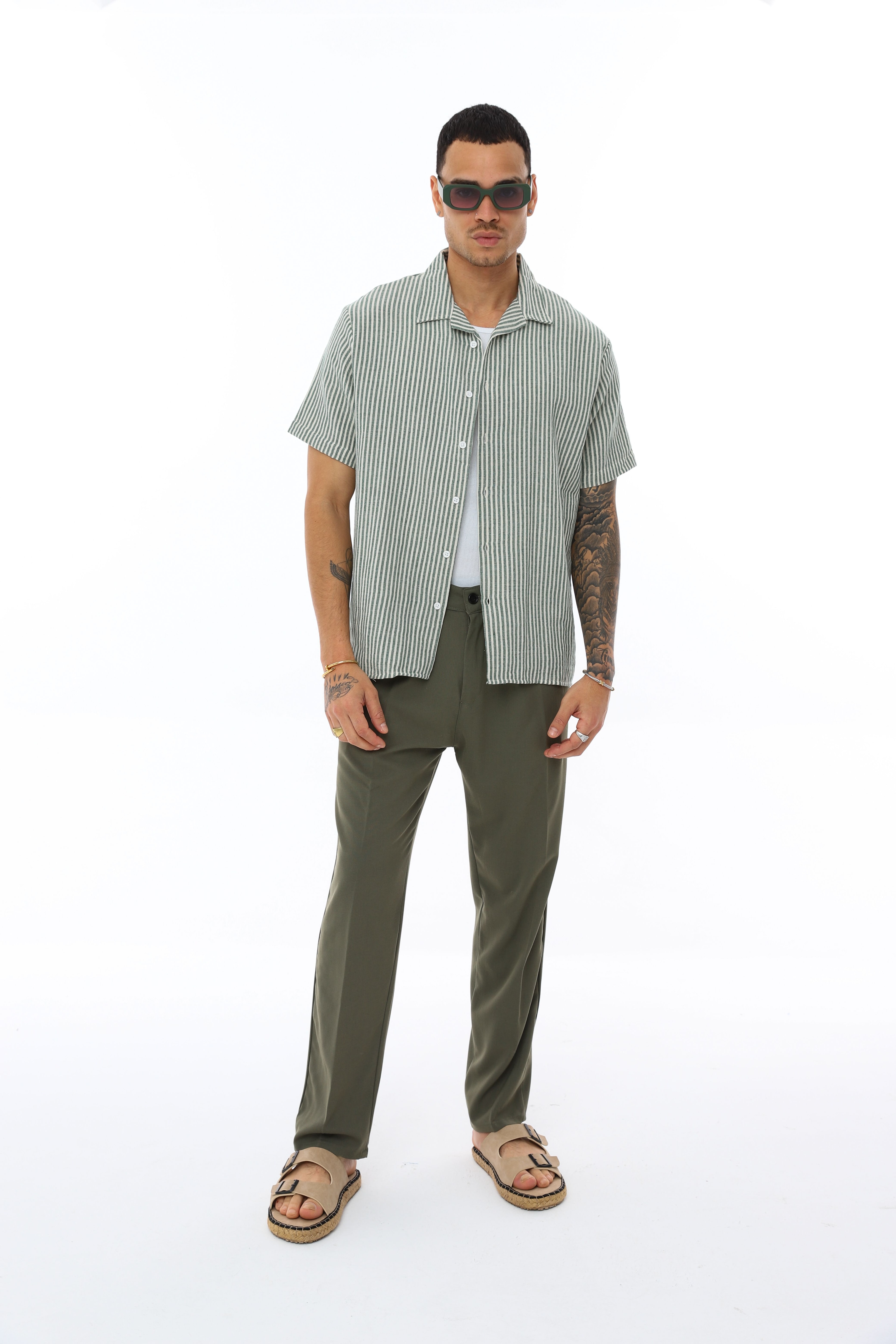 OVERSIZE KALIN ÇİZGİLİ KISA KOLLU GÖMLEK - HAKİ - BEYAZ