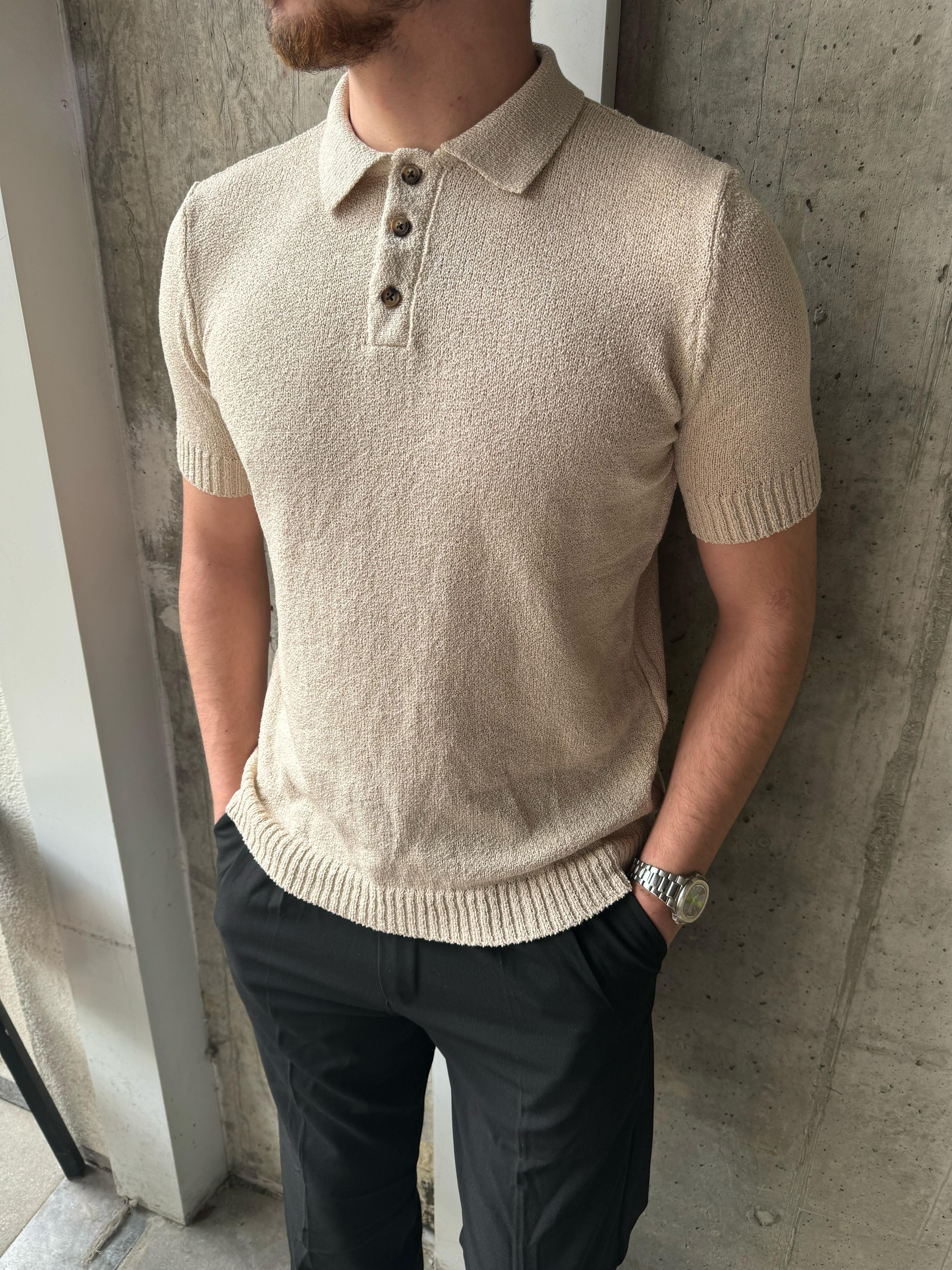 ÖRME KUMAŞ POLO YAKA TRİKO - BEJ