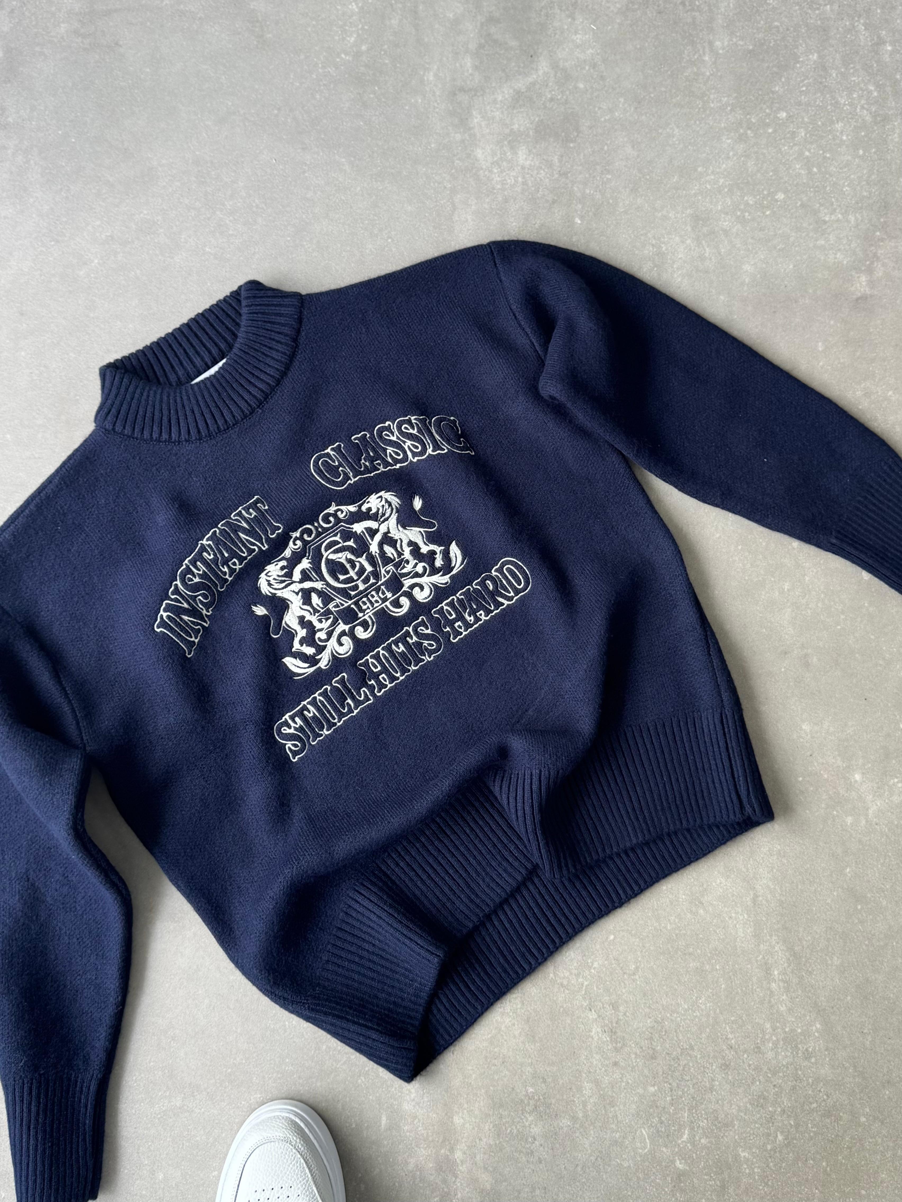 Lacivert Instant Nakışlı Oversize Kazak