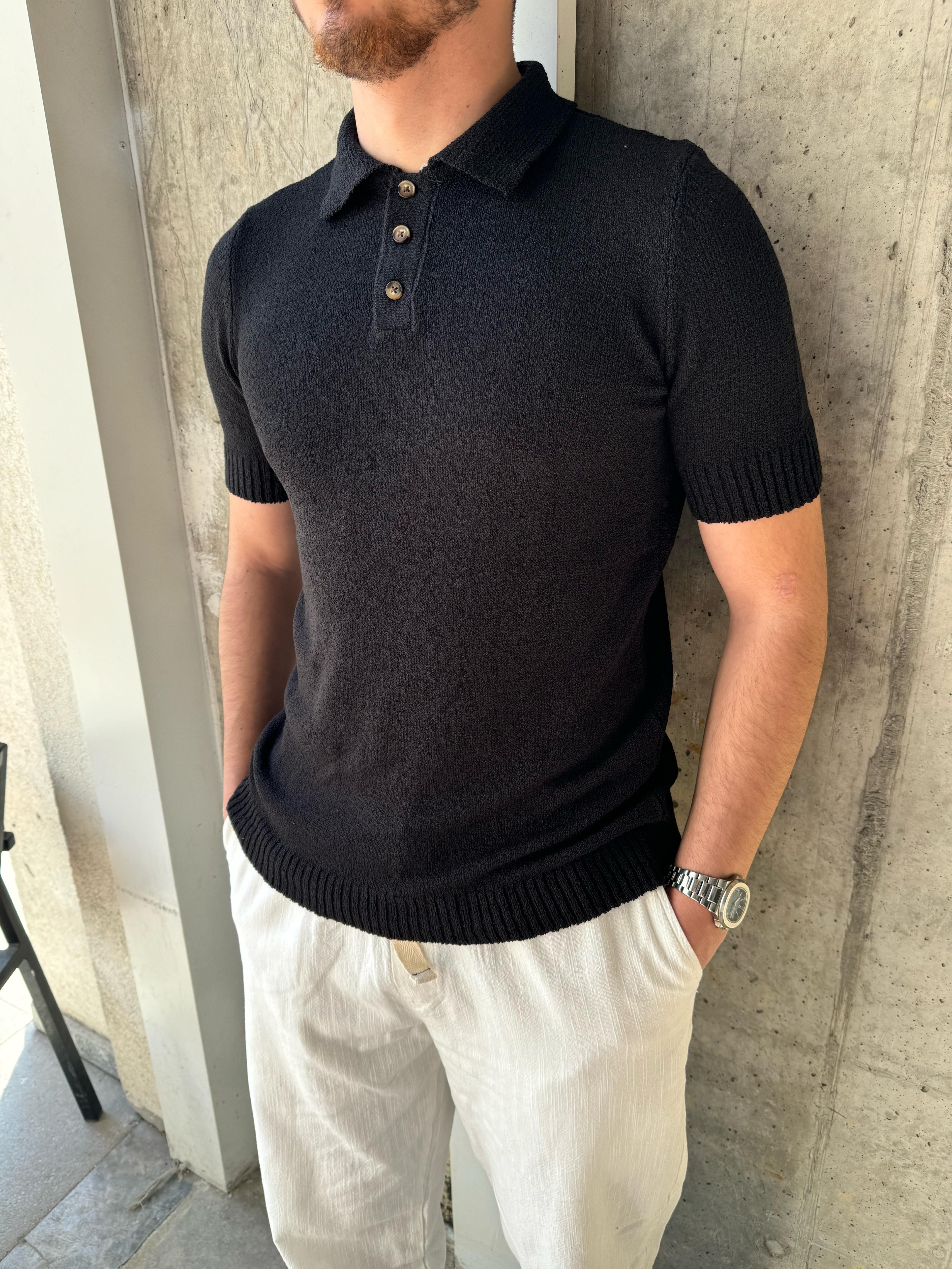 ÖRME KUMAŞ POLO YAKA TRİKO - SİYAH