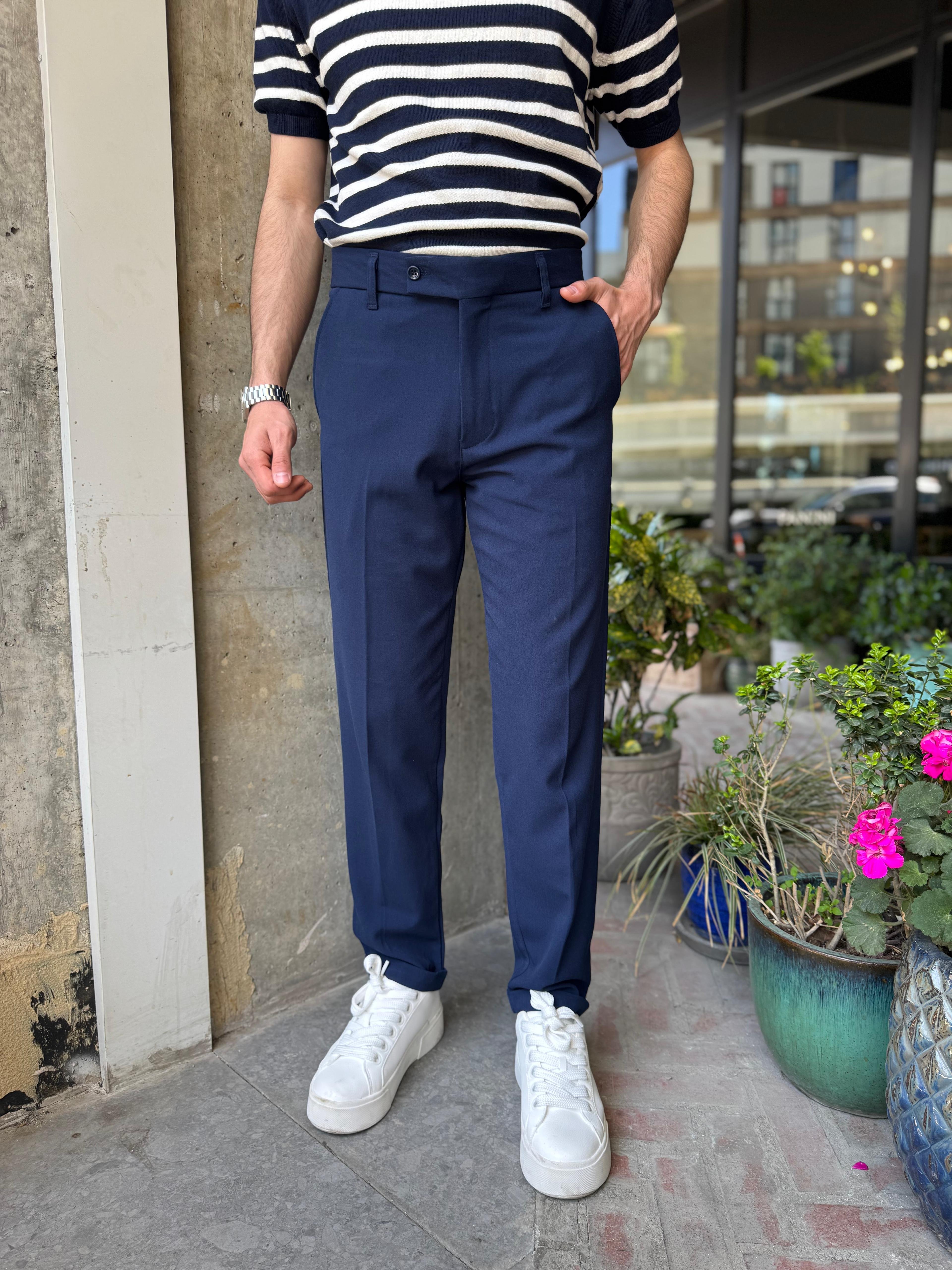 DOUBLE PAÇA KISA DİLLİ KUMAŞ PANTOLON - LACİVERT