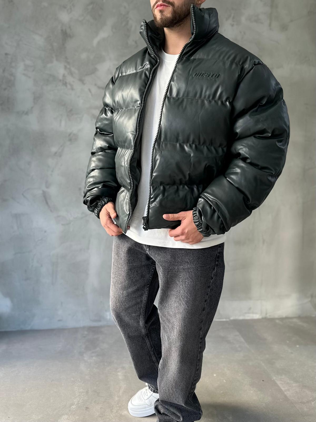 Haki Premium Deri Oversize Şişme Mont 