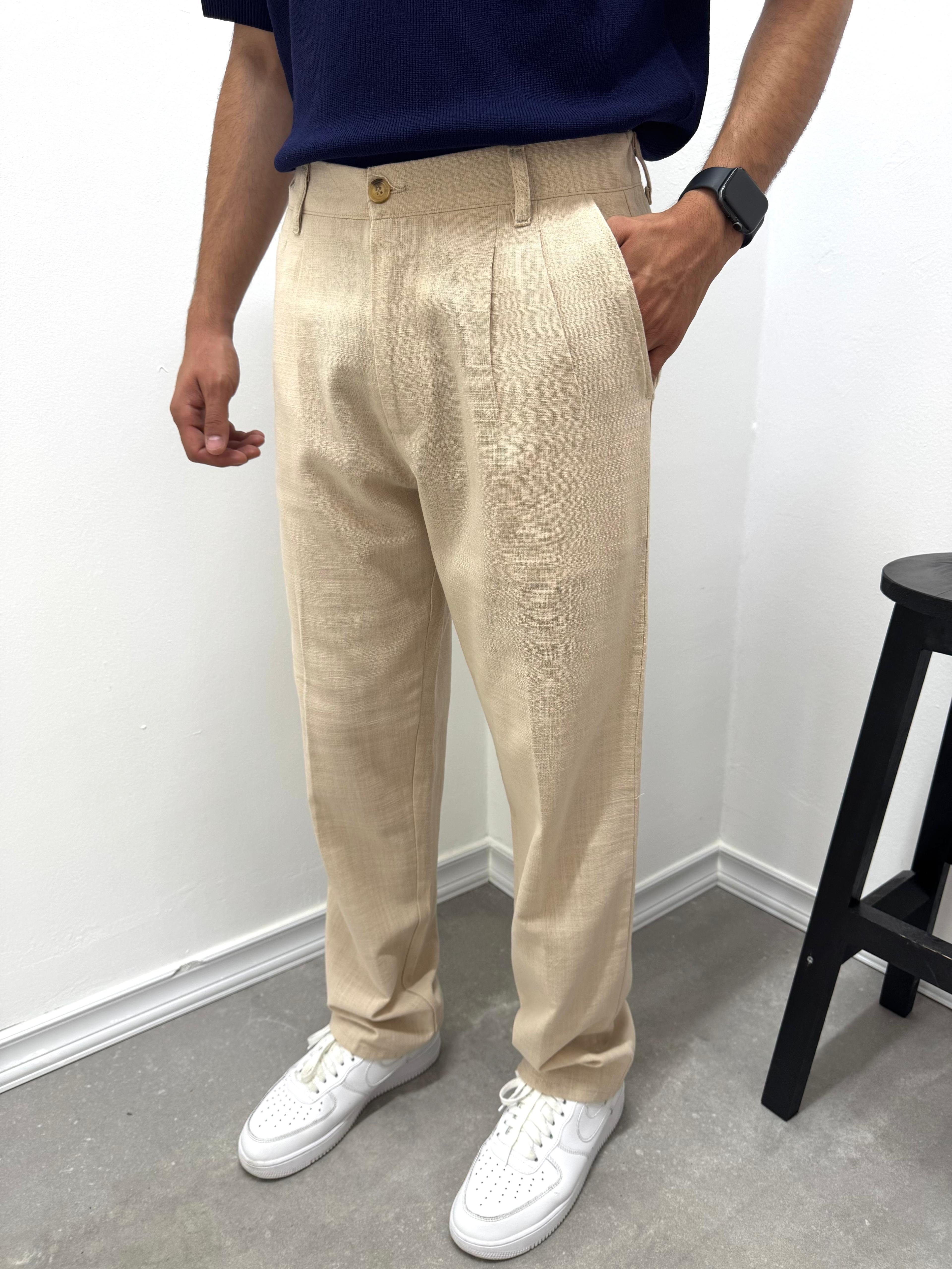 PİLELİ BAGGY KETEN PANTOLON - BEJ