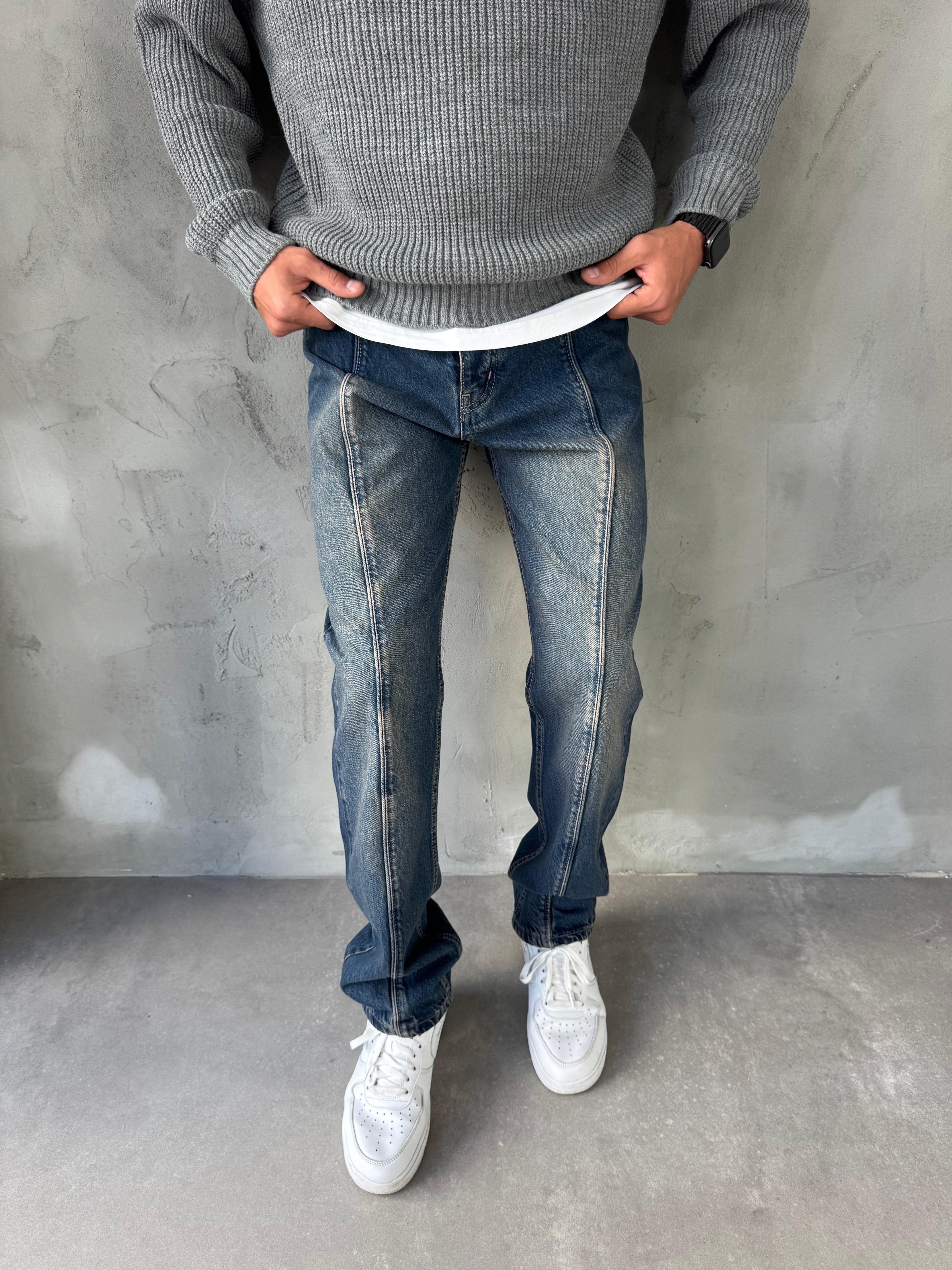 Mavi Yıkamalı Çizgi Detay Baggy Jean