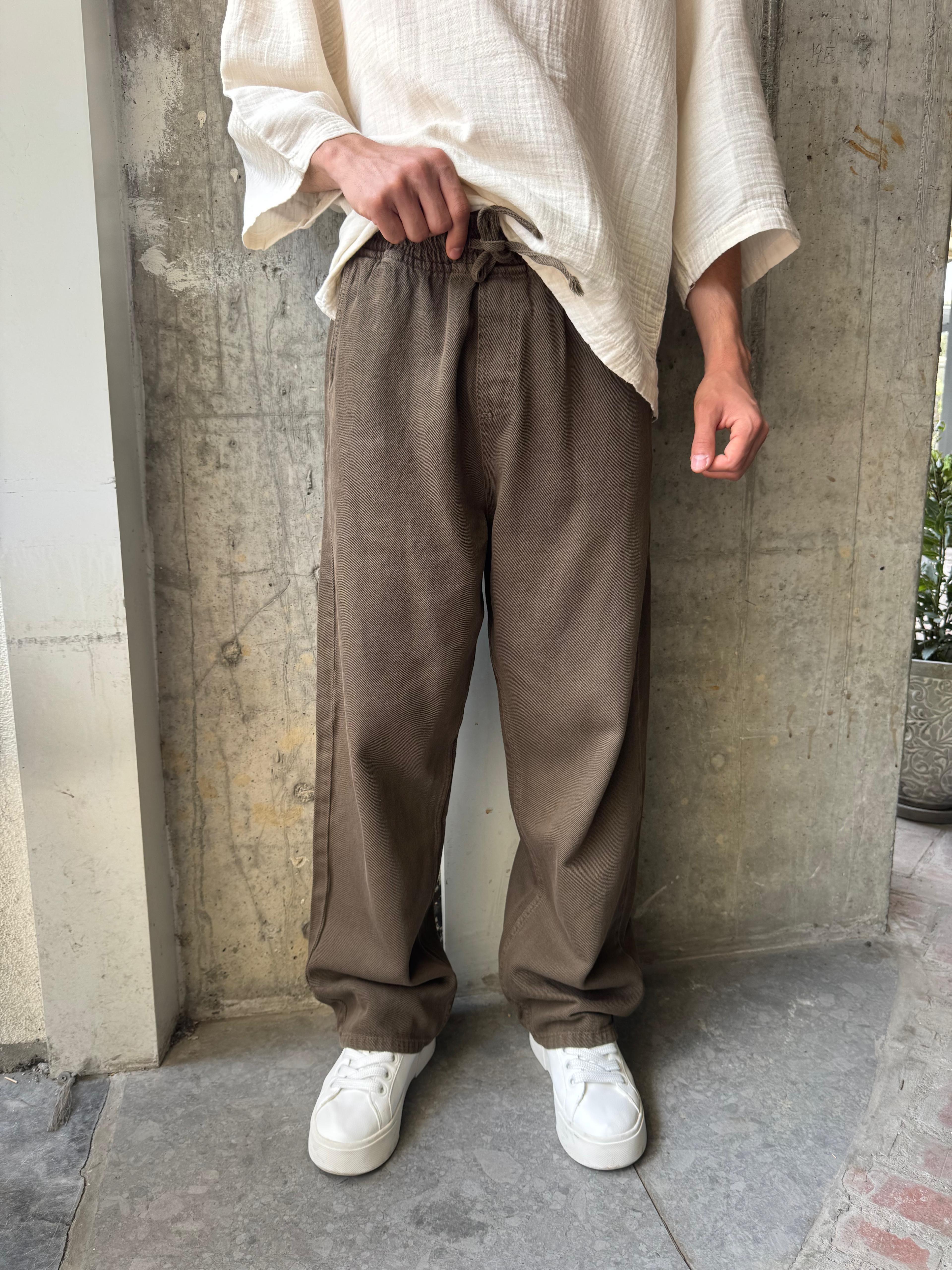 GABARDİN KUMAŞ BAGGY KALIP PANTOLON - KAHVERENGİ