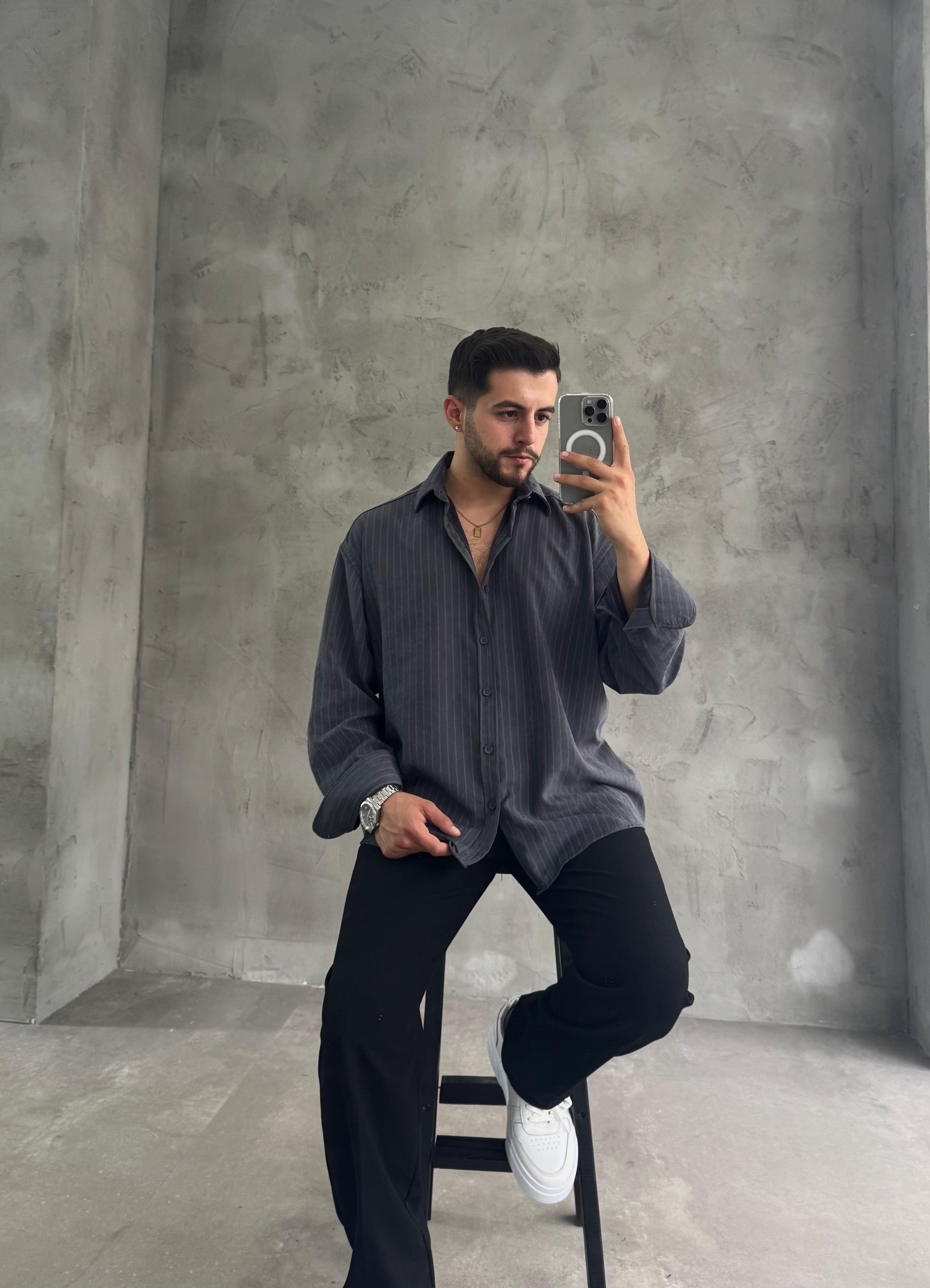 GG Antrasit Kışlık Modal Kumaş Çizgili Gömlek