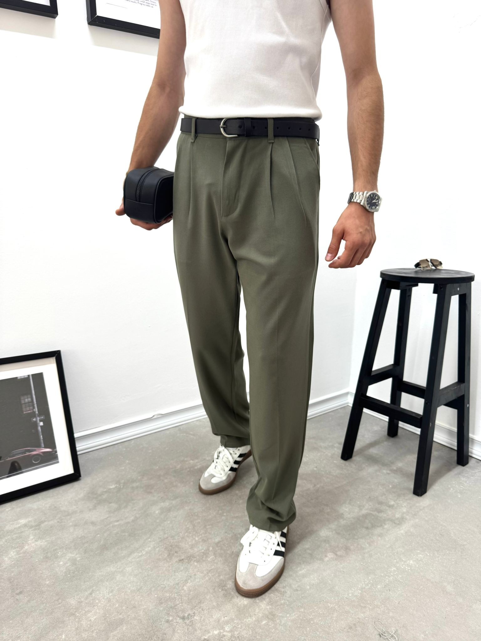 PİLELİ BAGGY KUMAŞ PANTOLON - HAKİ