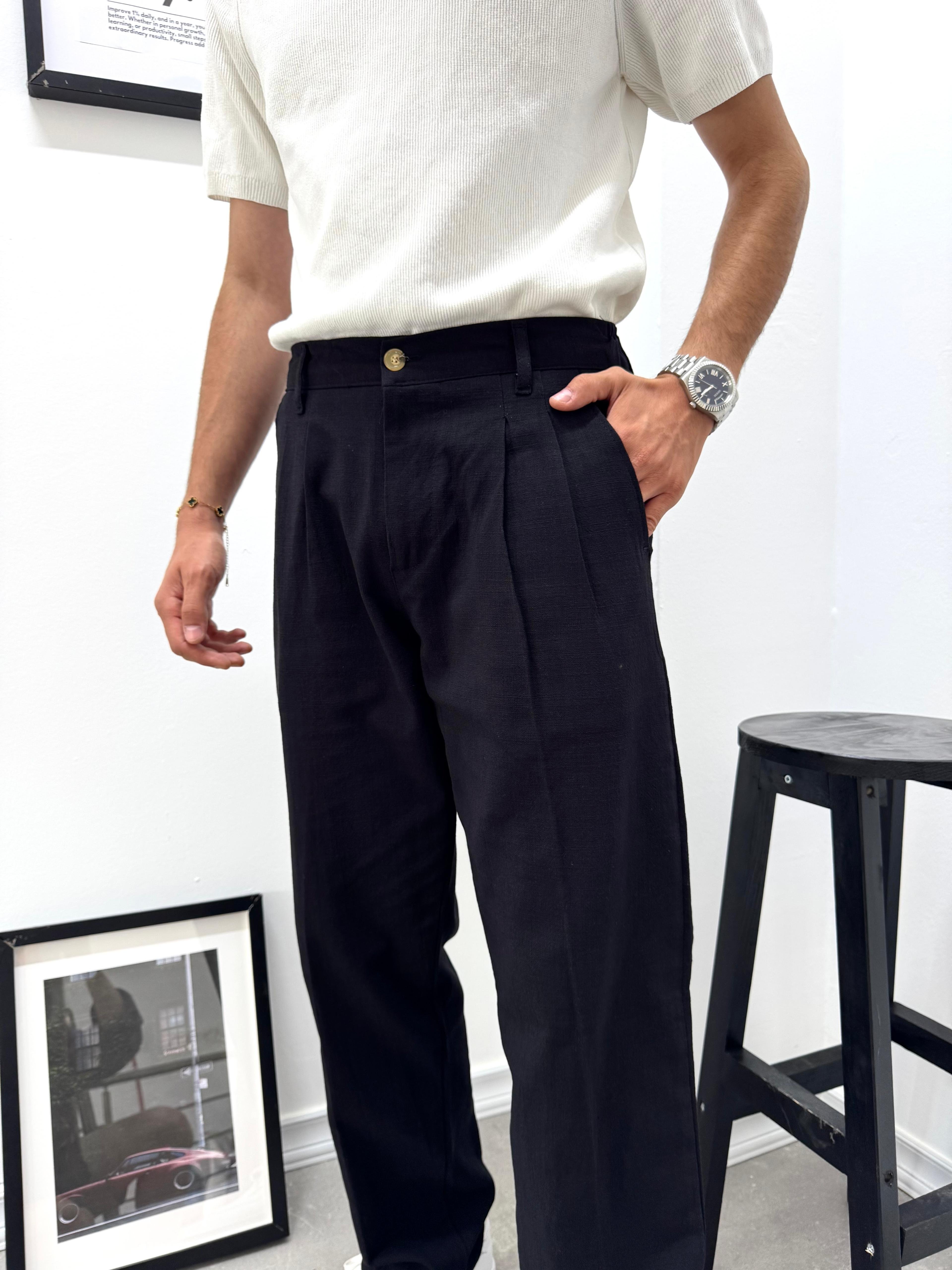 PİLELİ BAGGY KETEN PANTOLON - SİYAH