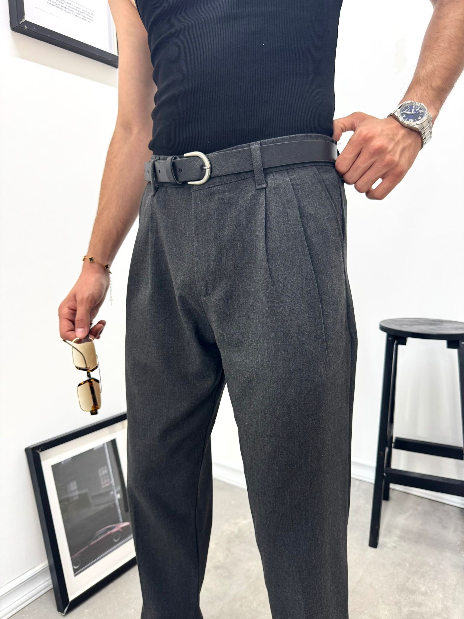 PİLELİ BAGGY KUMAŞ PANTOLON - ANTRASİT