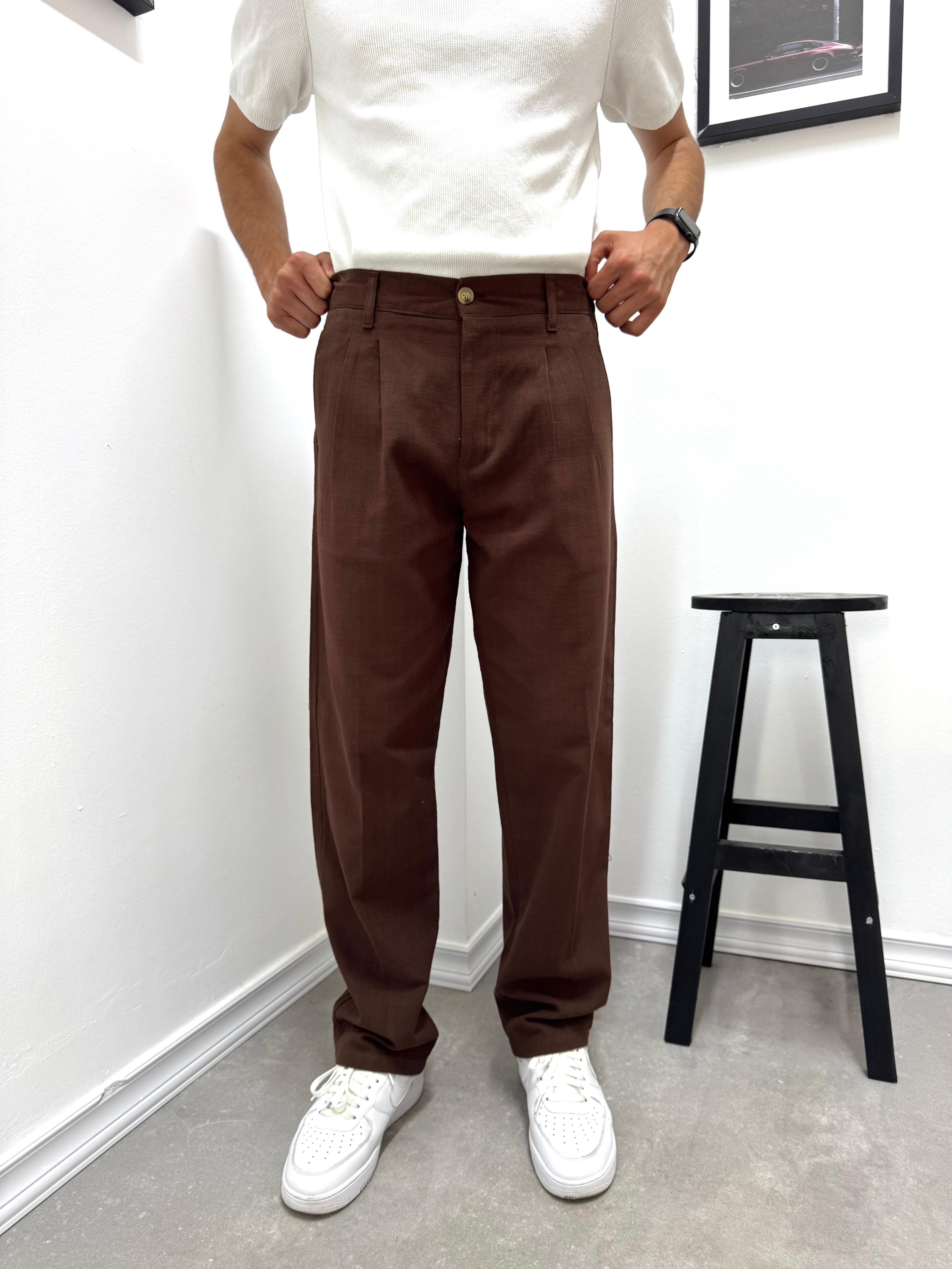 PİLELİ BAGGY KETEN PANTOLON - KAHVE