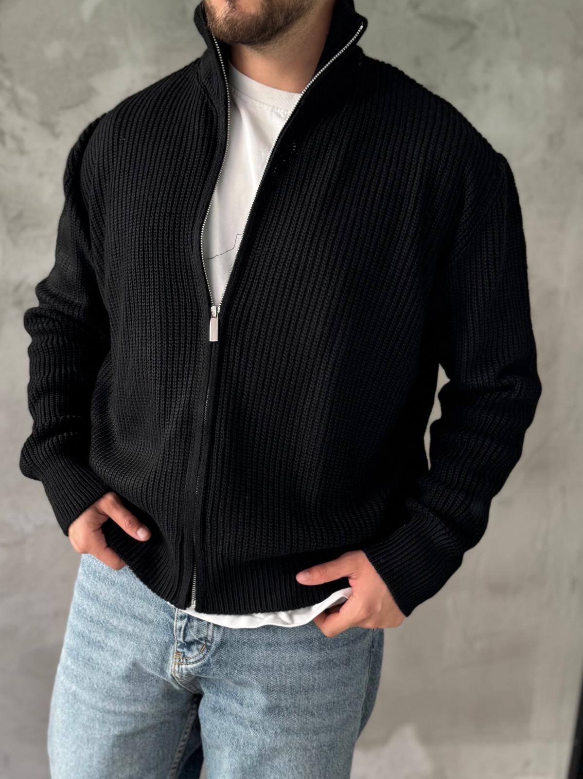 Siyah Tam Fermuarlı Oversize Örme Kazak