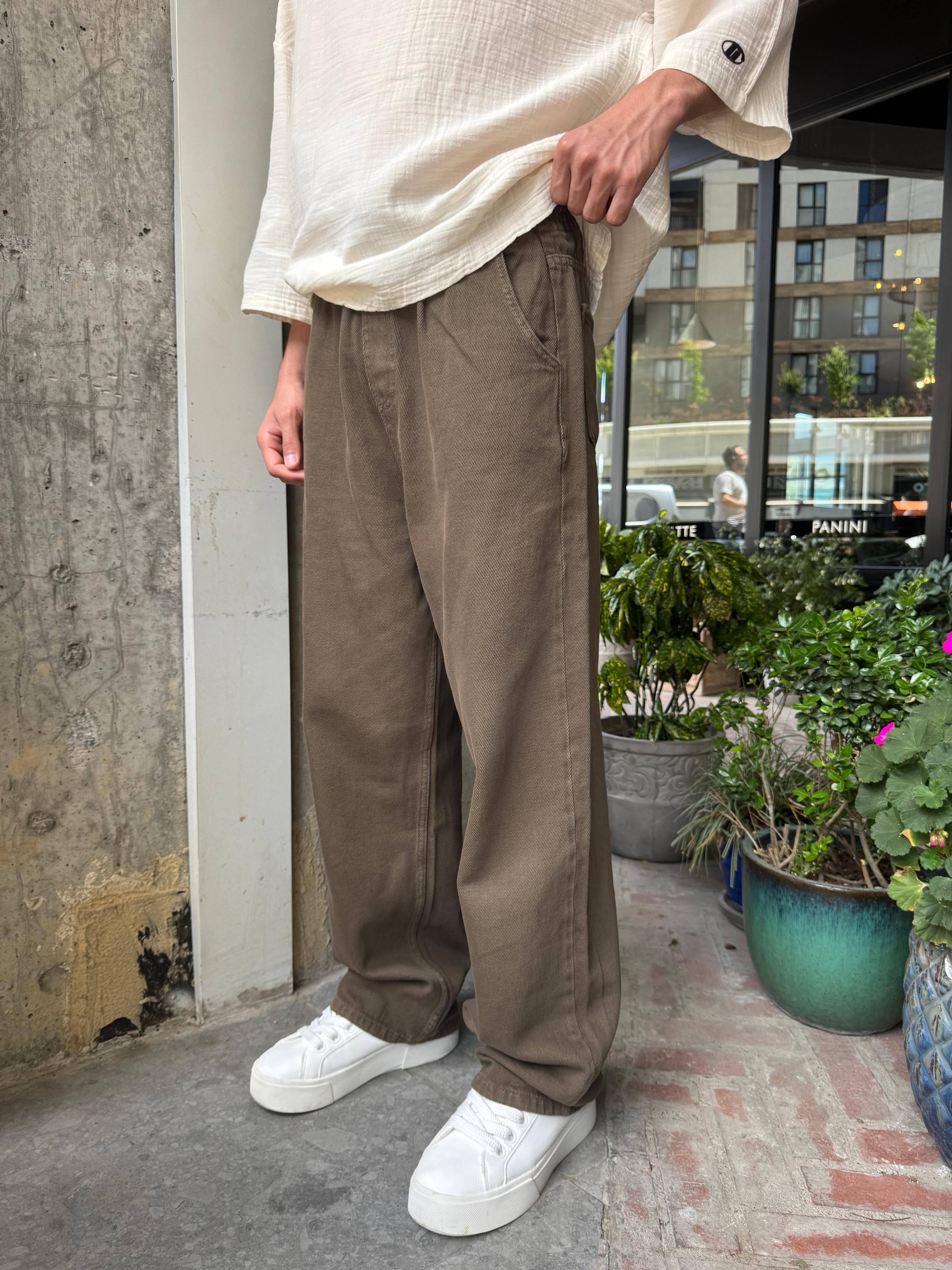 GABARDİN KUMAŞ BAGGY KALIP PANTOLON - KAHVERENGİ