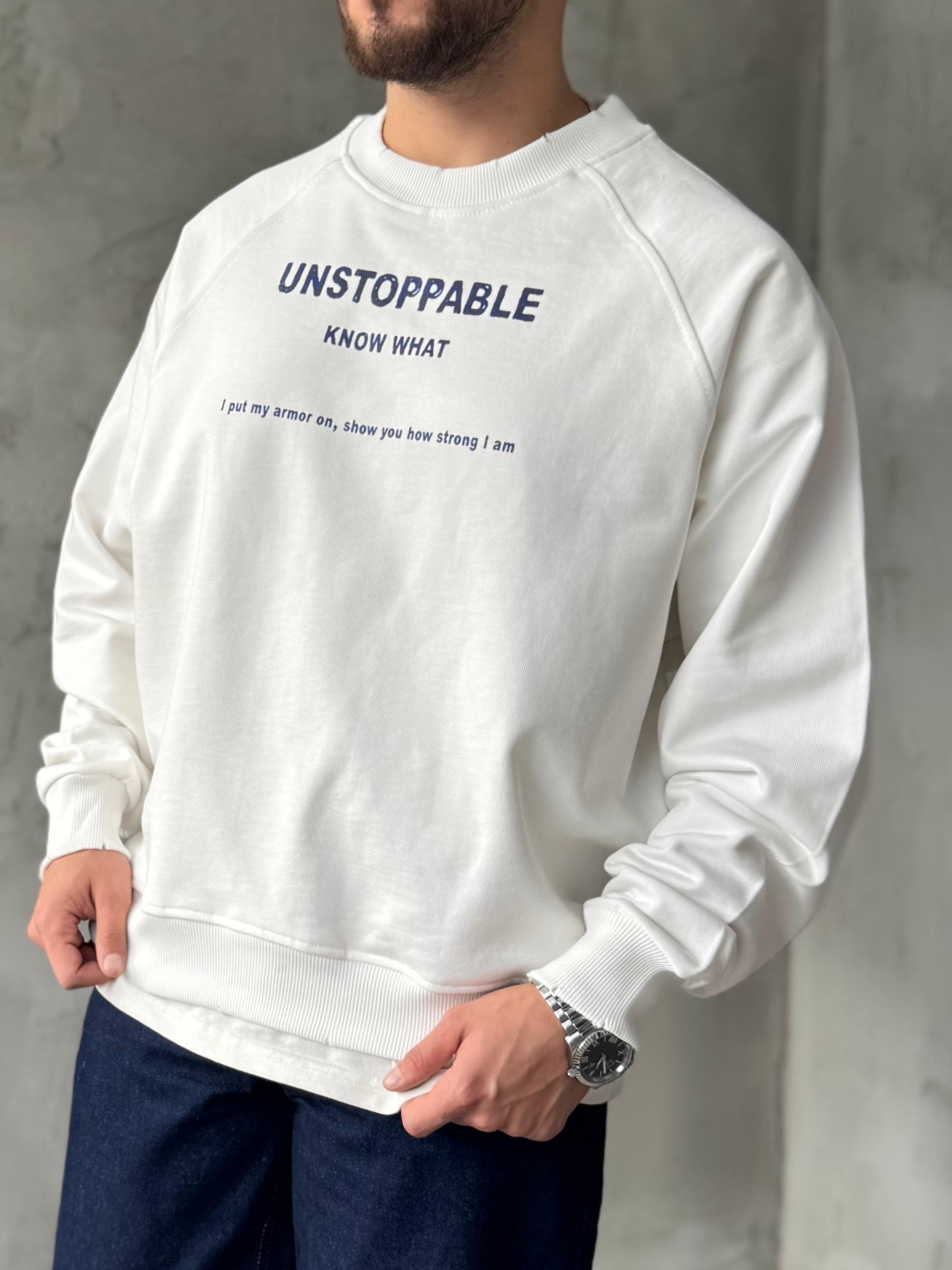 Beyaz Unstoppable Baskılı Oversize Sweatshirt