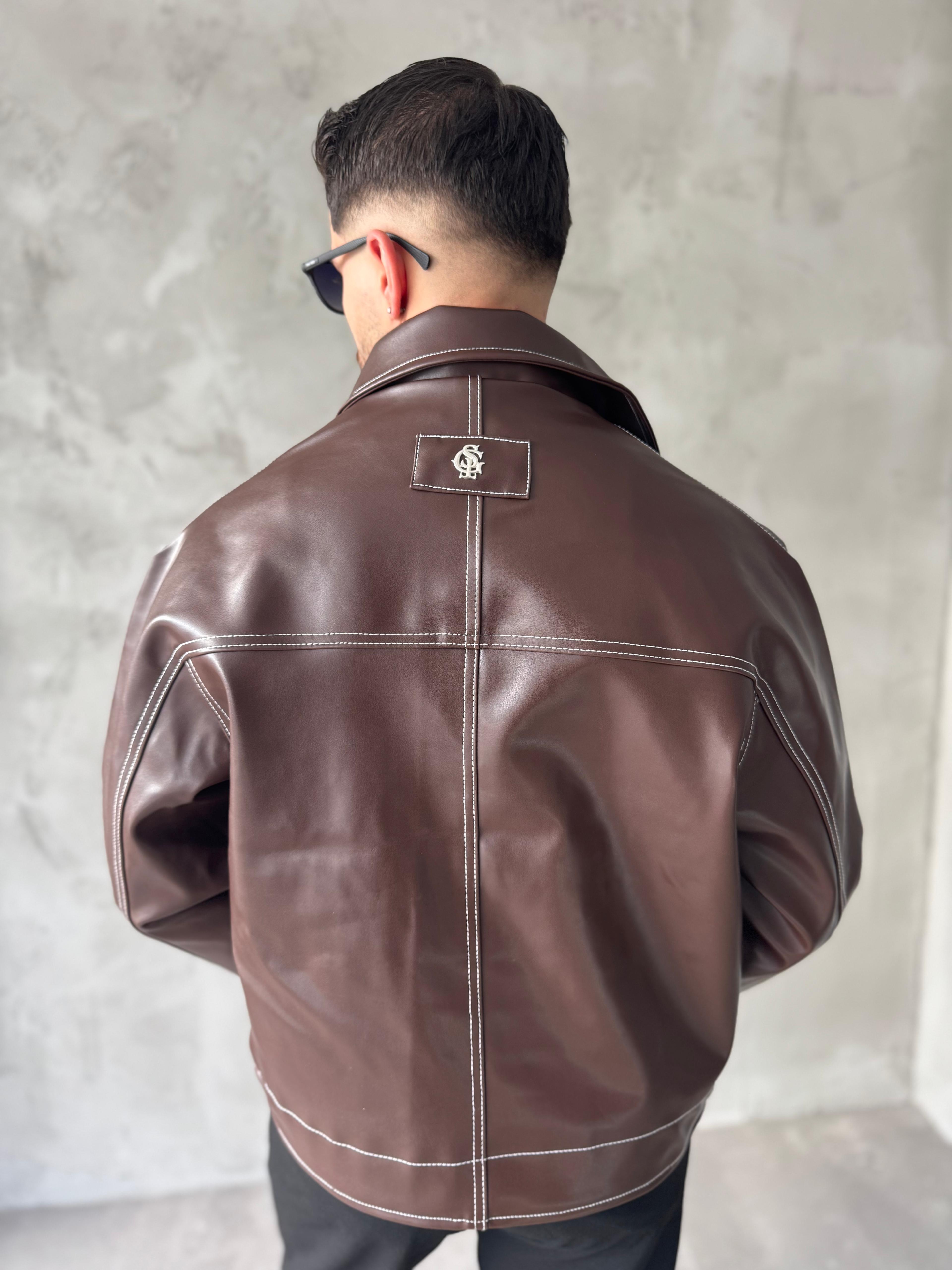 Kahverengi Dikiş Detaylı Giesto Deri Ceket