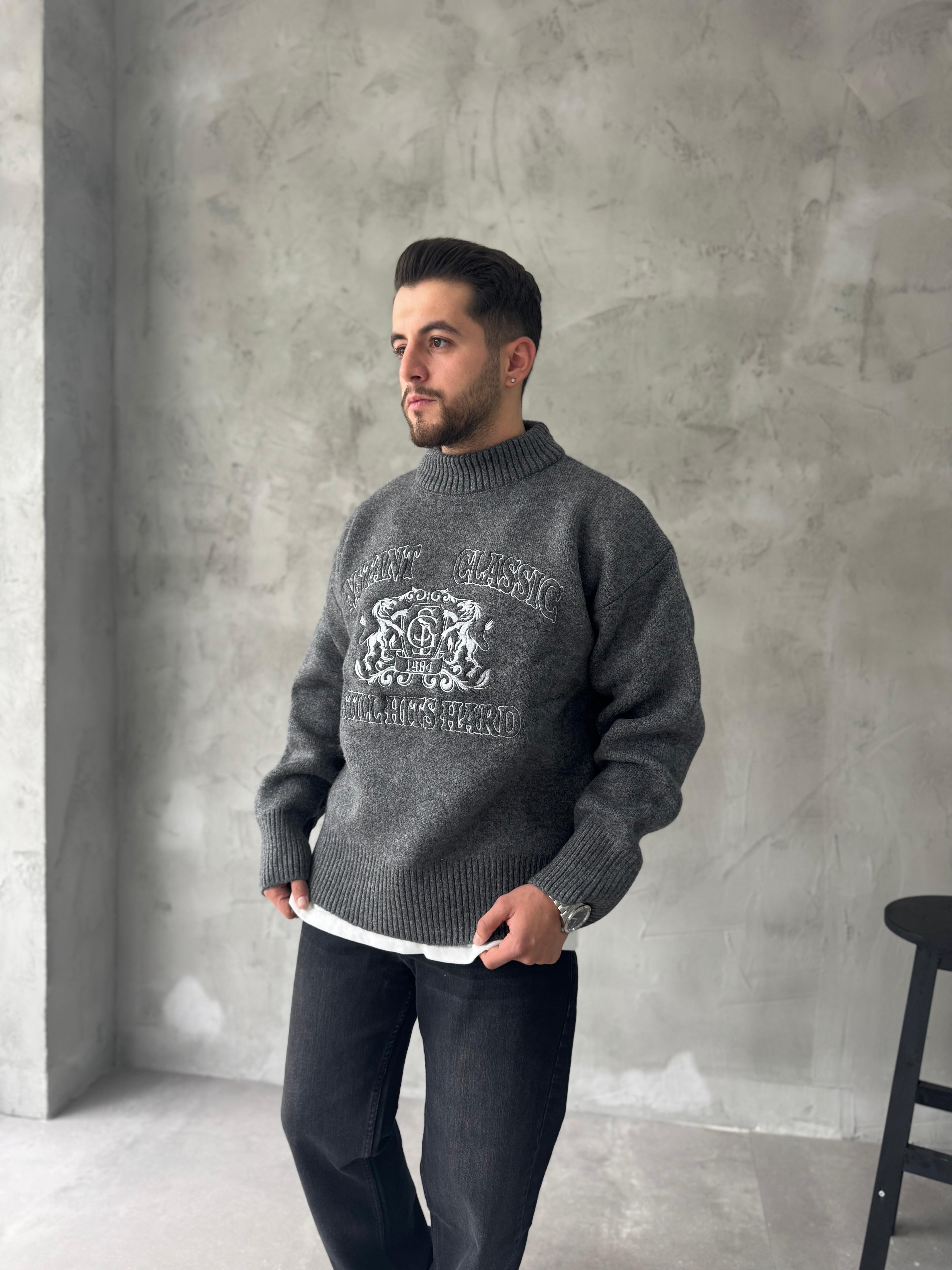 Antrasit Instant Nakışlı Oversize Kazak