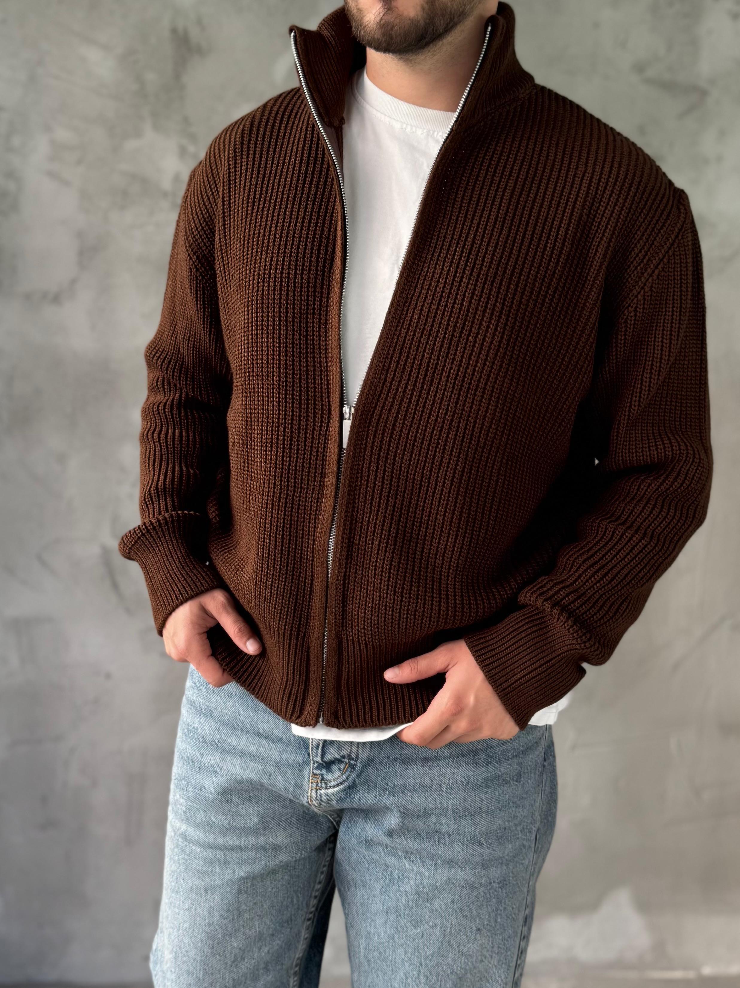 Kahve Tam Fermuarlı Oversize Örme Hırka