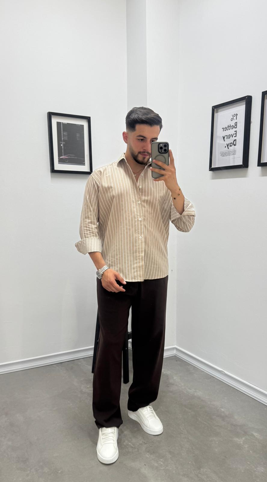 OVERSIZE ÇİZGİLİ GÖMLEK - BEJ