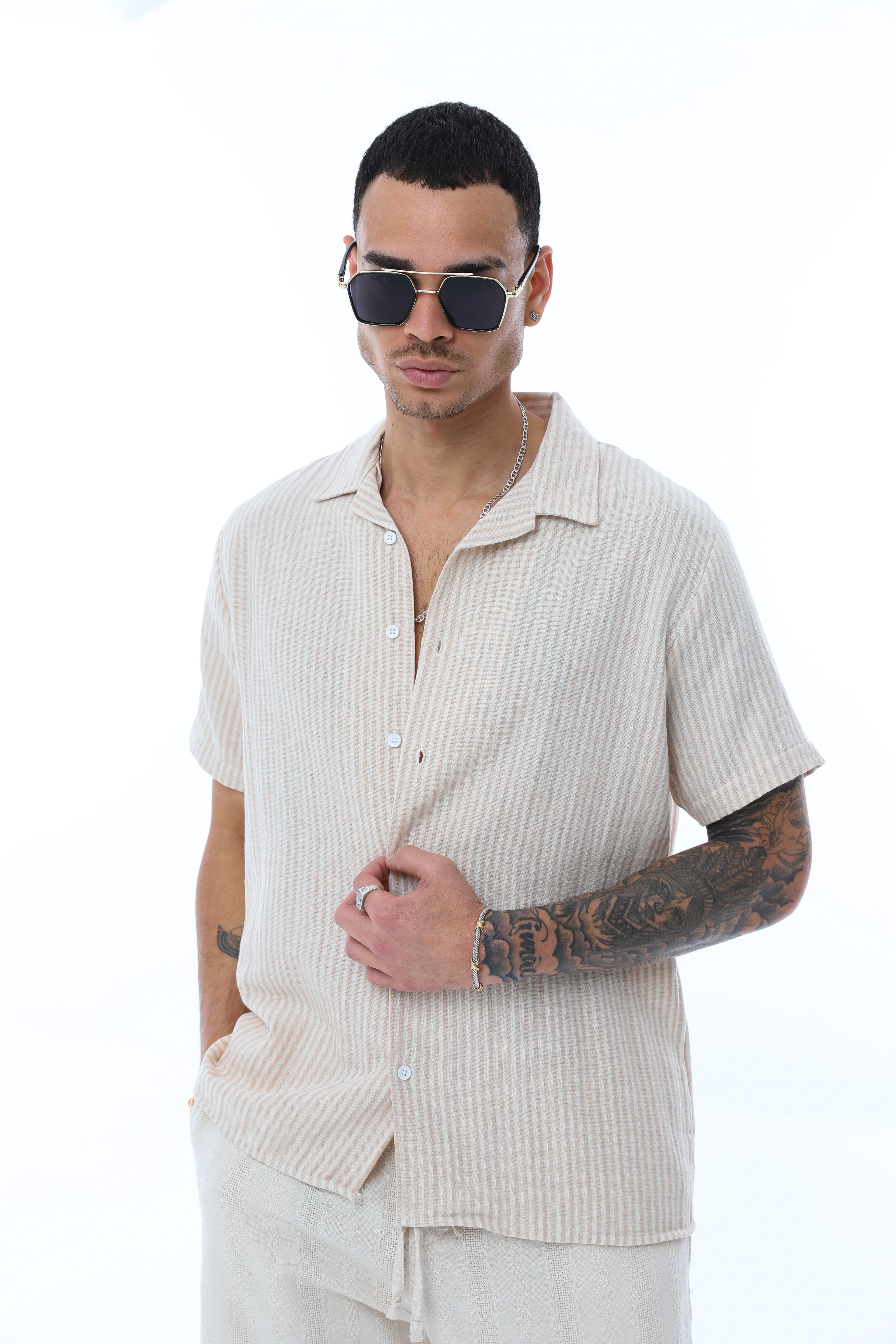 OVERSIZE KALIN ÇİZGİLİ KISA KOLLU GÖMLEK - KAHVE - BEYAZ