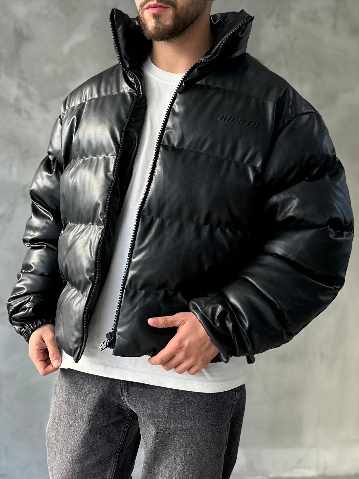 Siyah Premium Deri Oversize Şişme Mont 