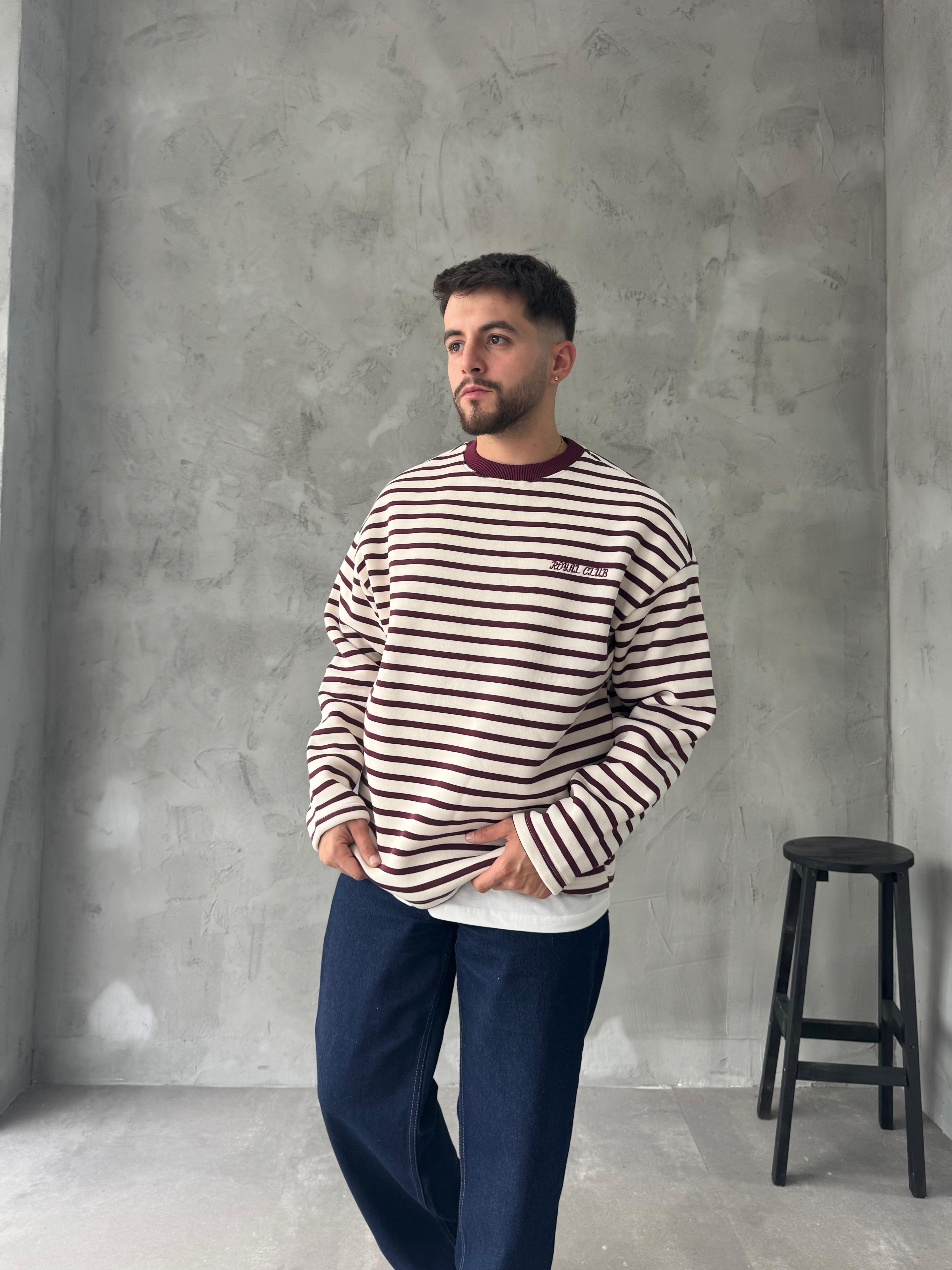 Bordo Royal Club Çizgili Sweatshirt