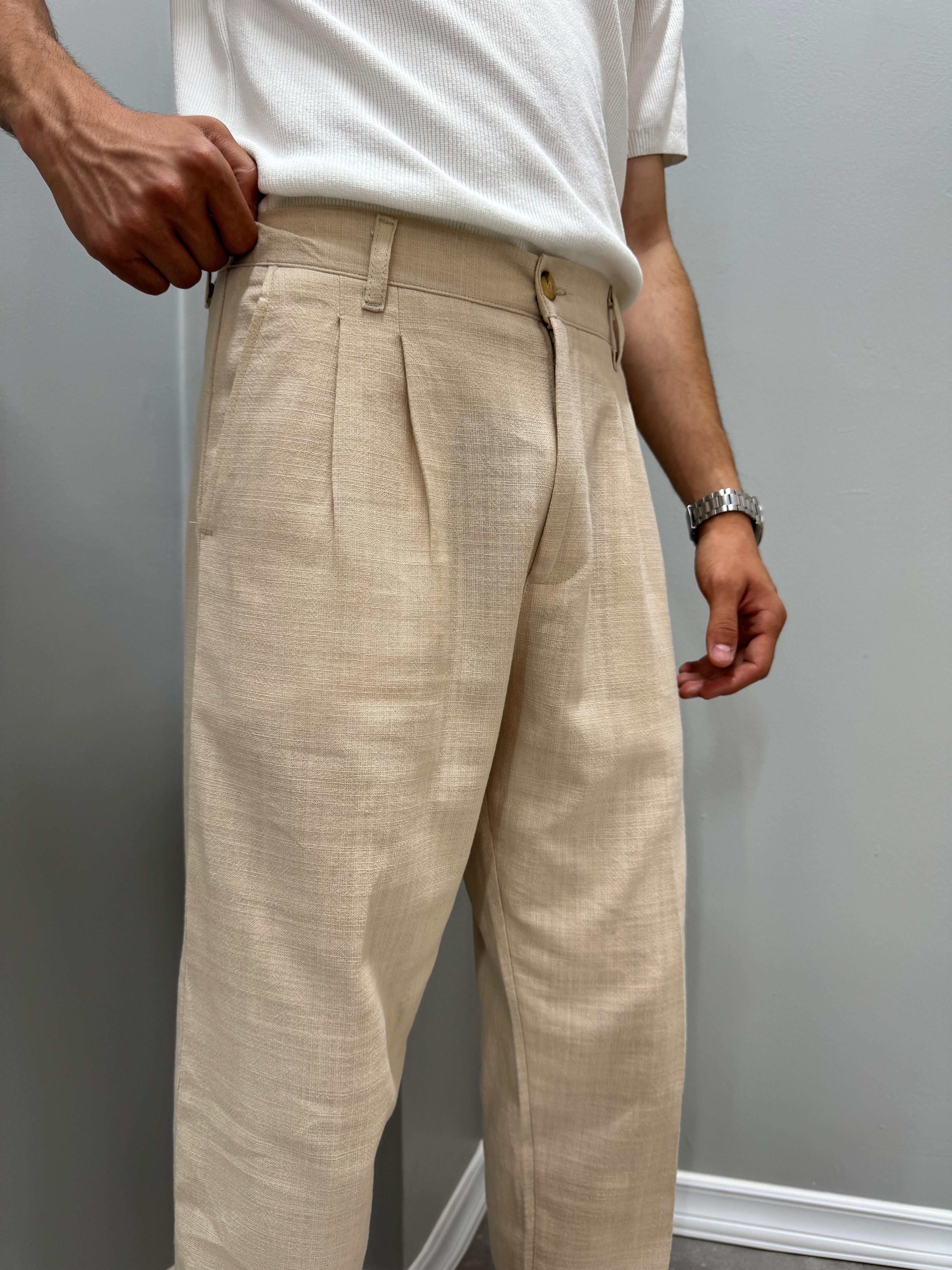 PİLELİ BAGGY KETEN PANTOLON - BEJ