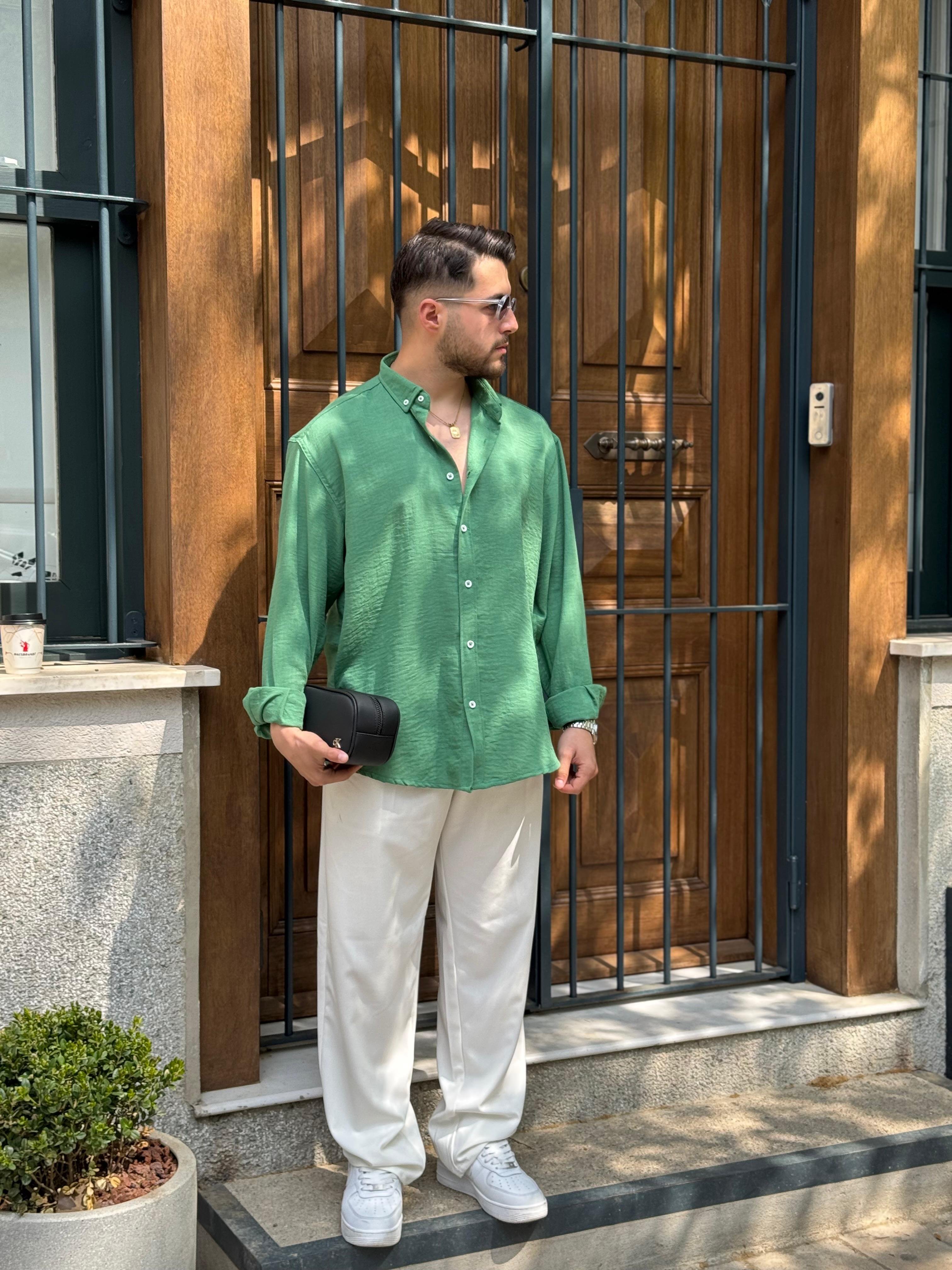 OVERSIZE DÖKÜMLÜ GOBİŞ KETEN GÖMLEK - YEŞİL