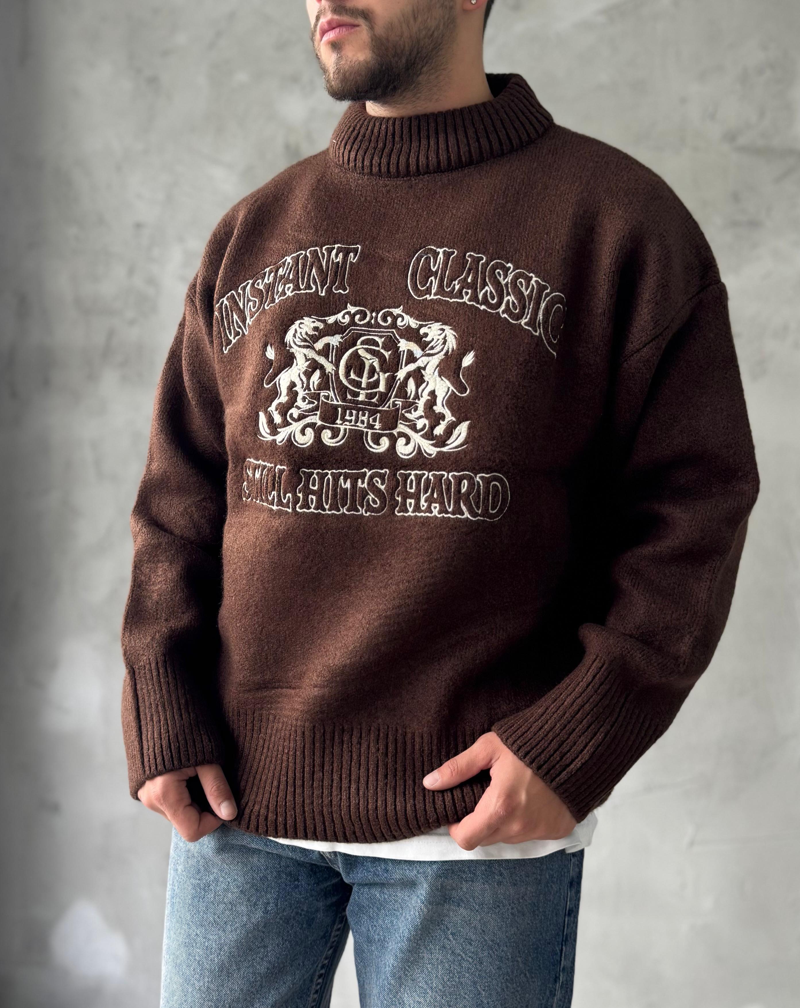 Kahve Instant Nakışlı Oversize Kazak