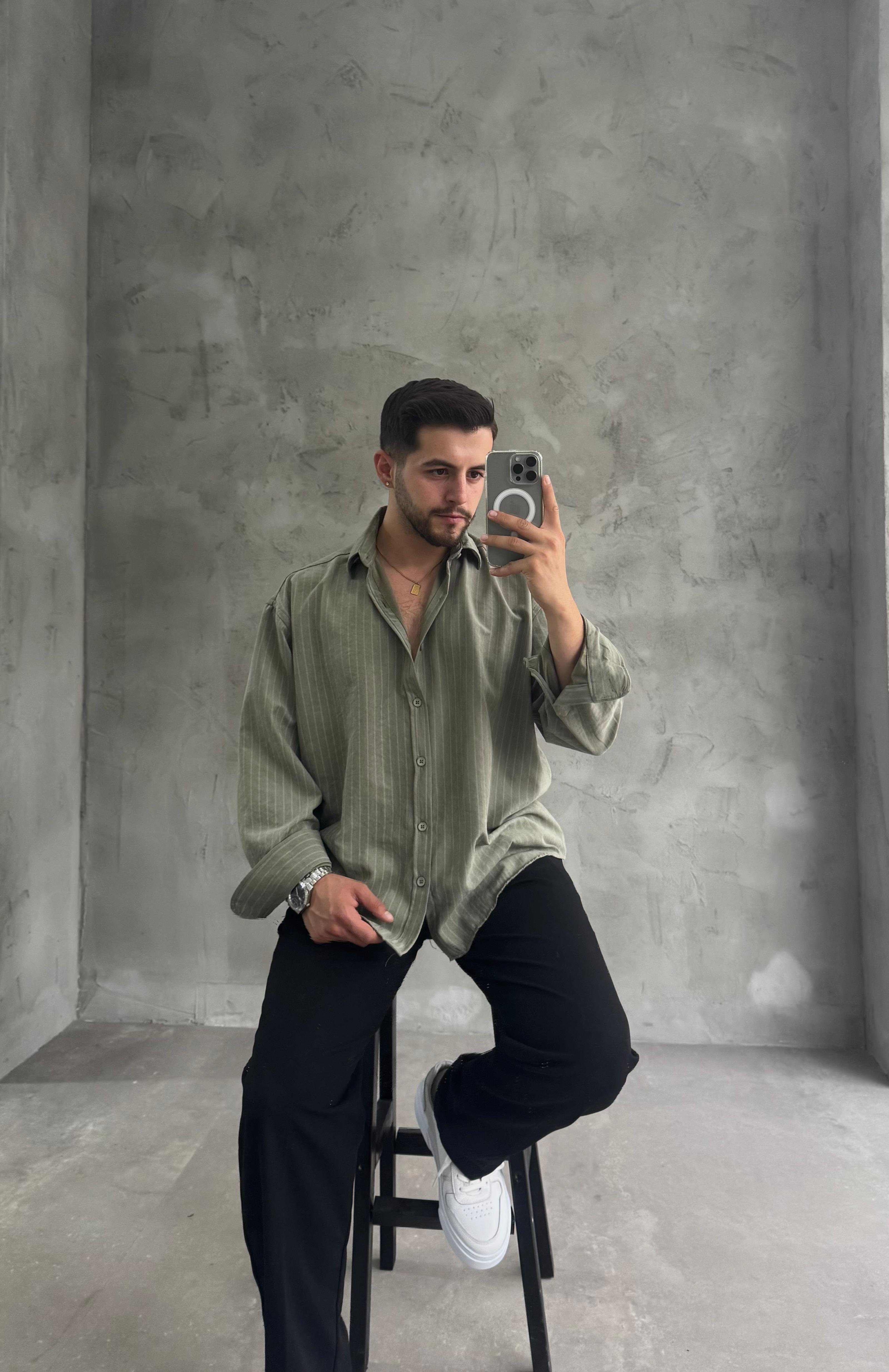 GG Haki Kışlık Modal Kumaş Çizgili Gömlek