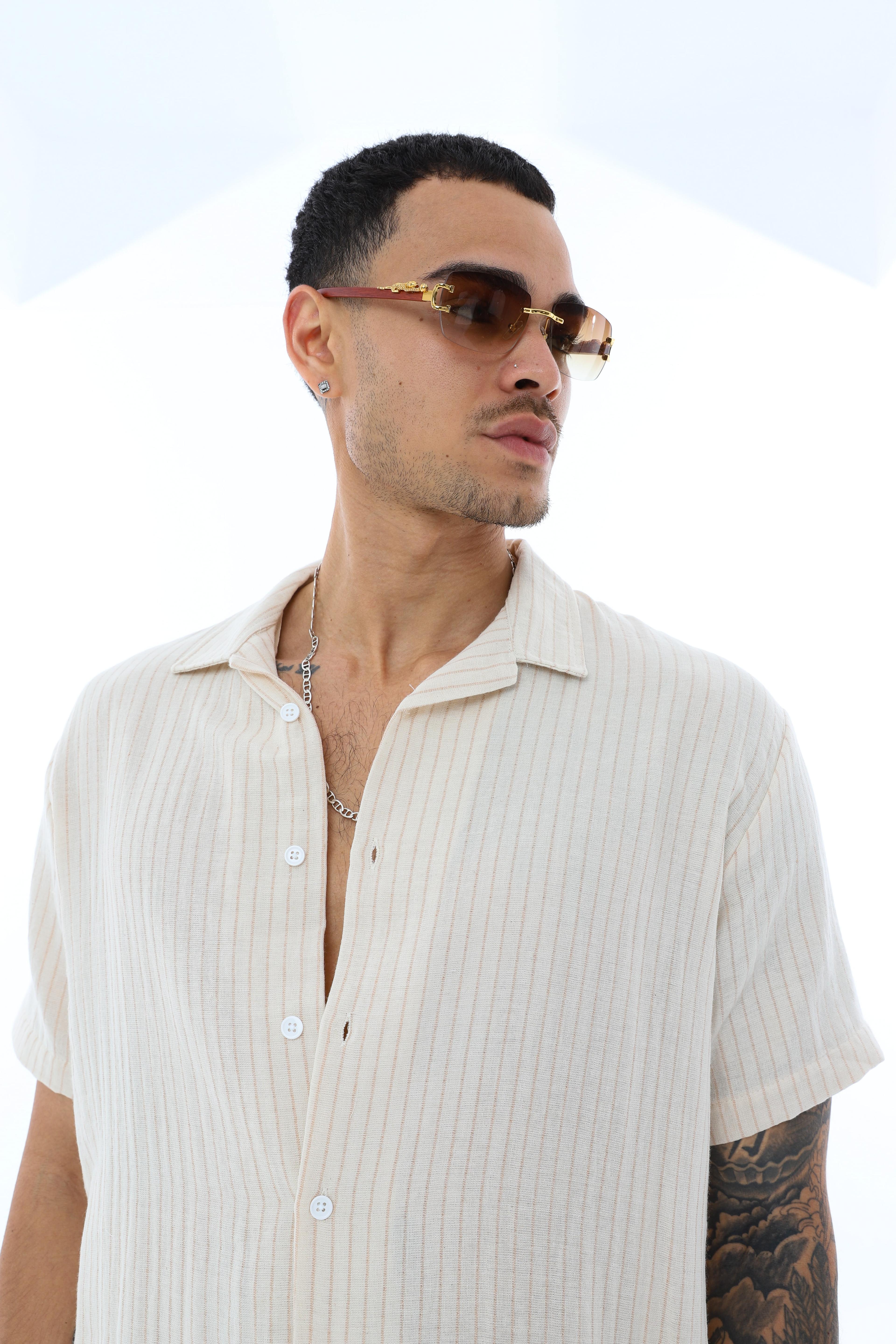 OVERSIZE İNCE ÇİZGİLİ GÖMLEK - KAHVE - BEYAZ