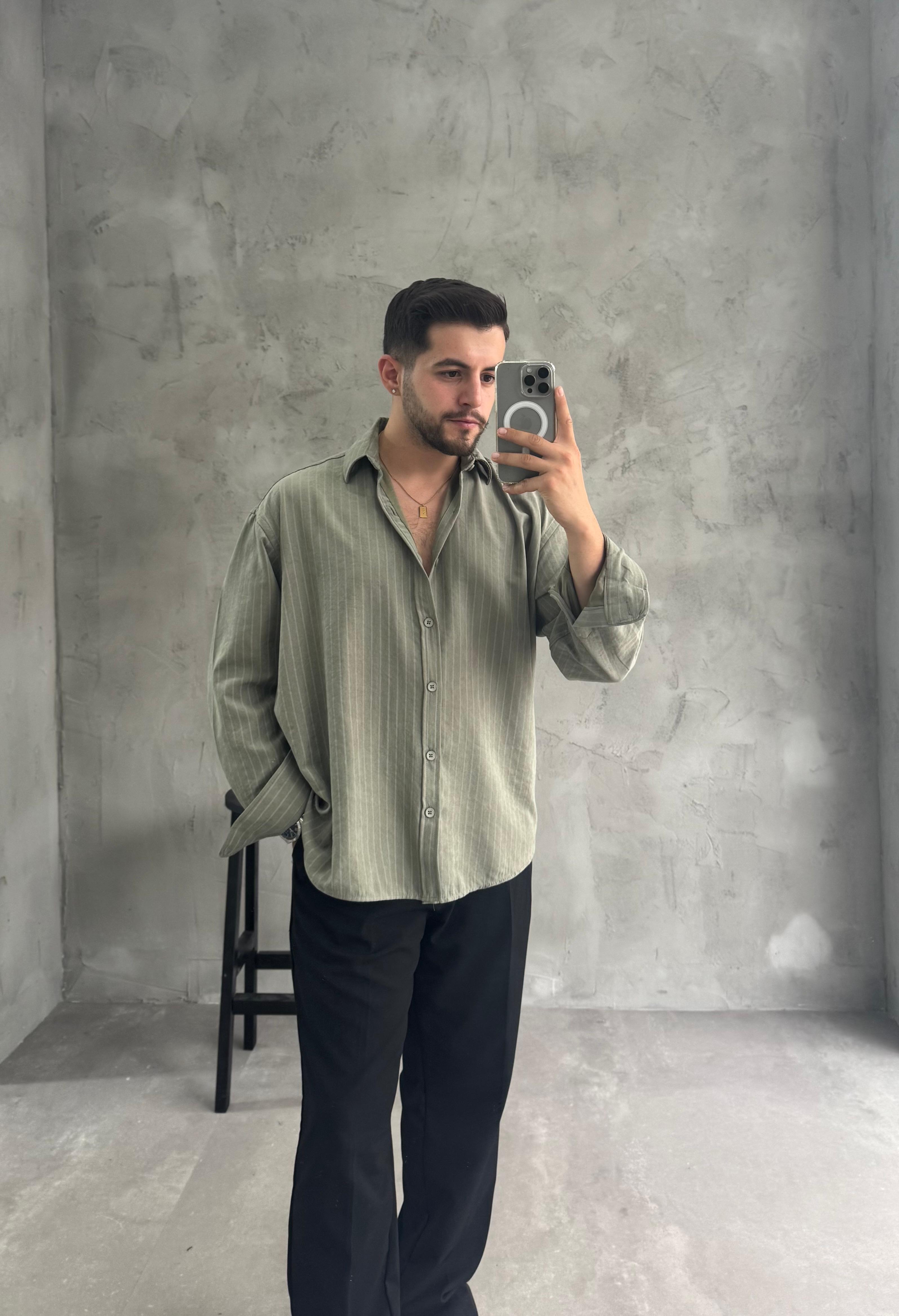 GG Haki Kışlık Modal Kumaş Çizgili Gömlek