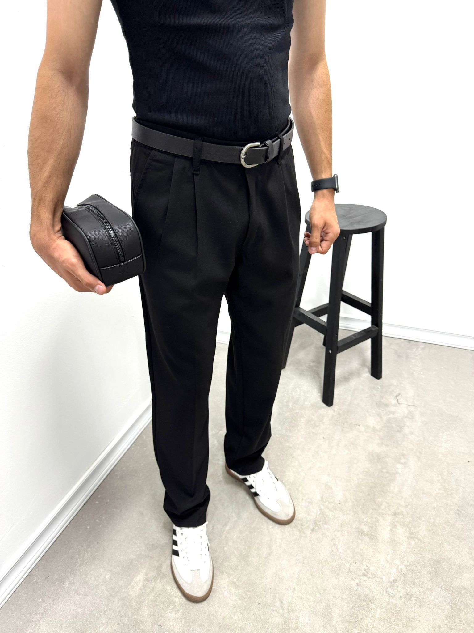 PİLELİ BAGGY KUMAŞ PANTOLON - SİYAH