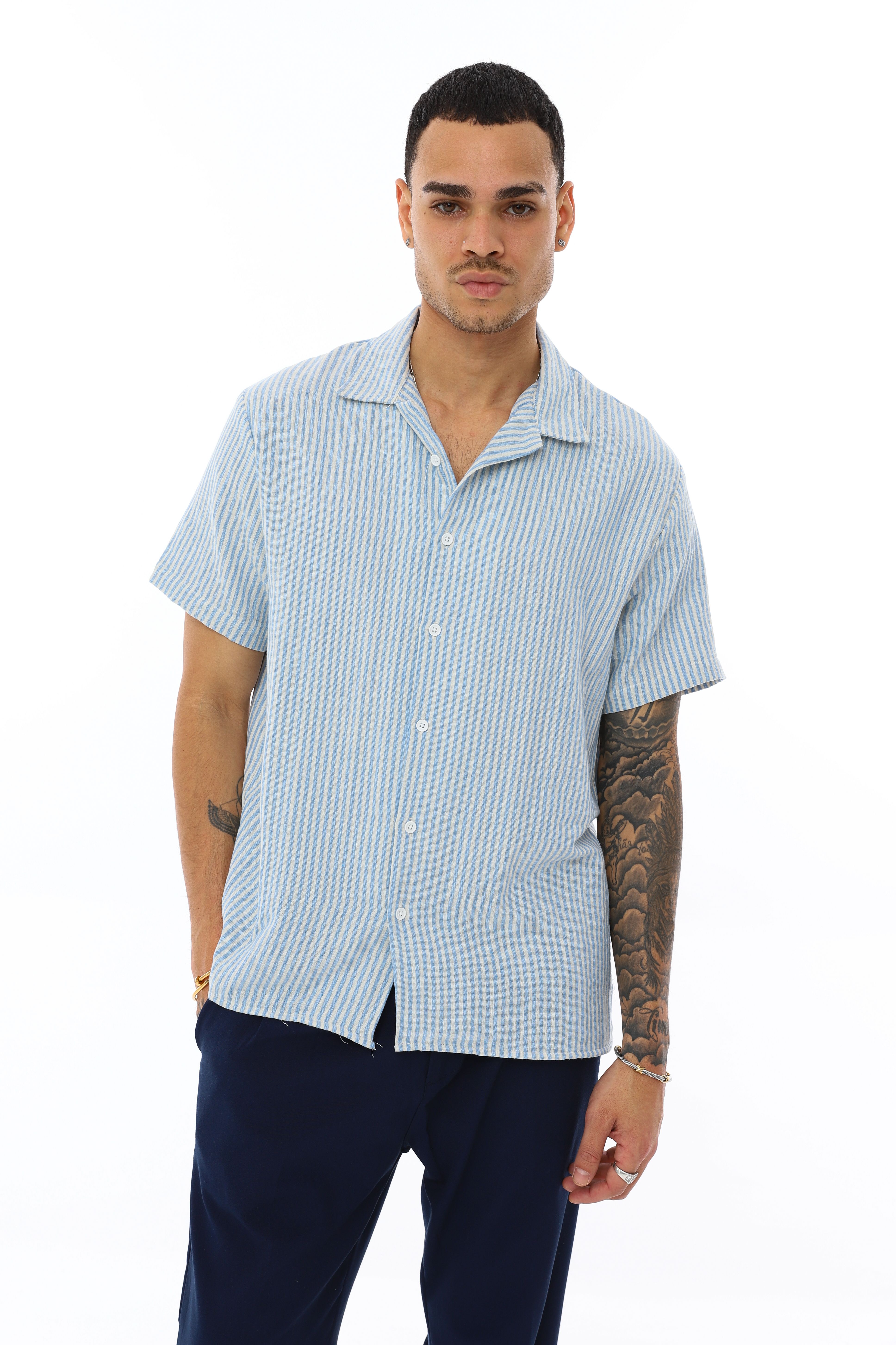 OVERSIZE KALIN ÇİZGİLİ KISA KOLLU GÖMLEK - MAVİ - BEYAZ