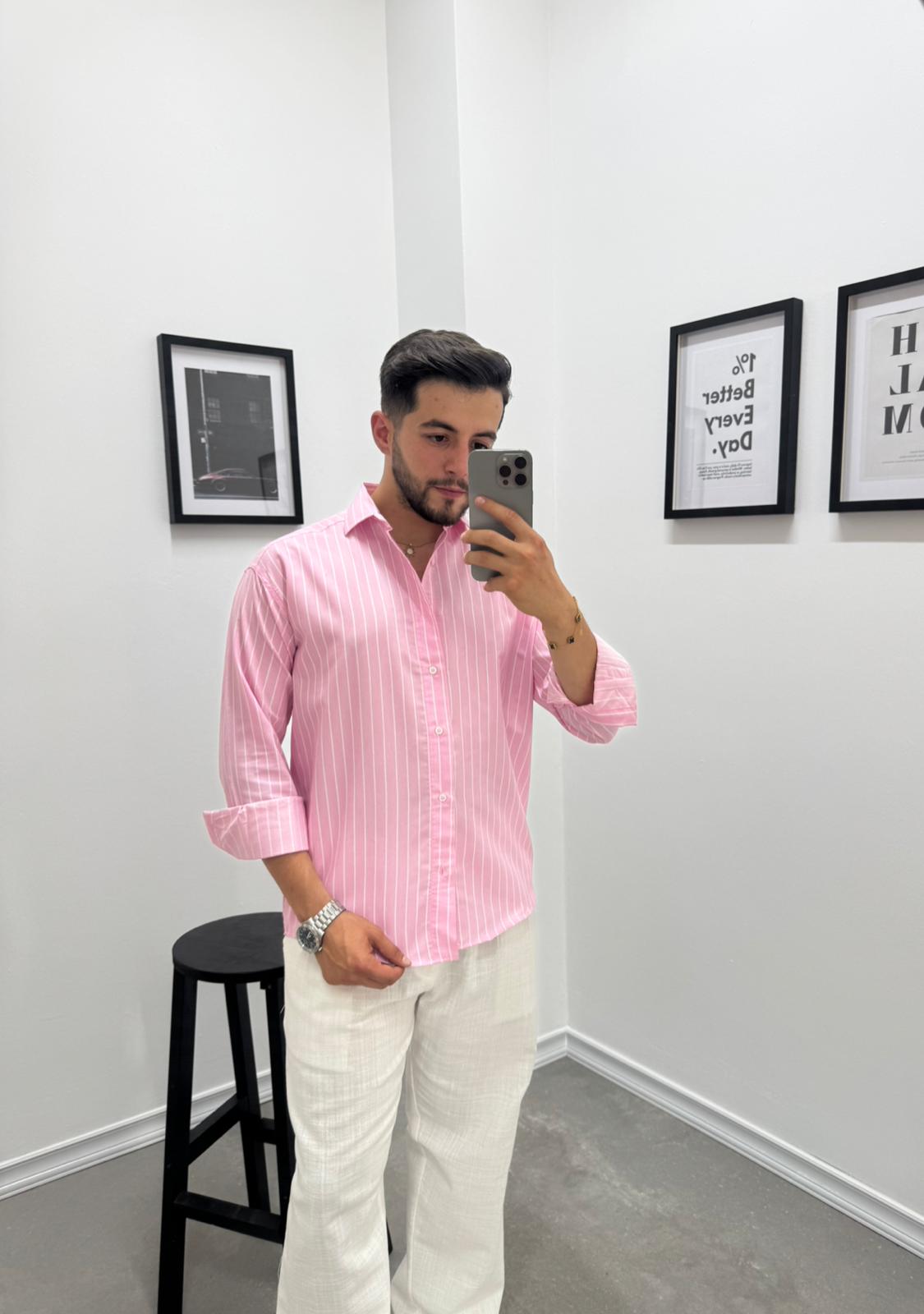 OVERSIZE ÇİZGİLİ GÖMLEK - PEMBE