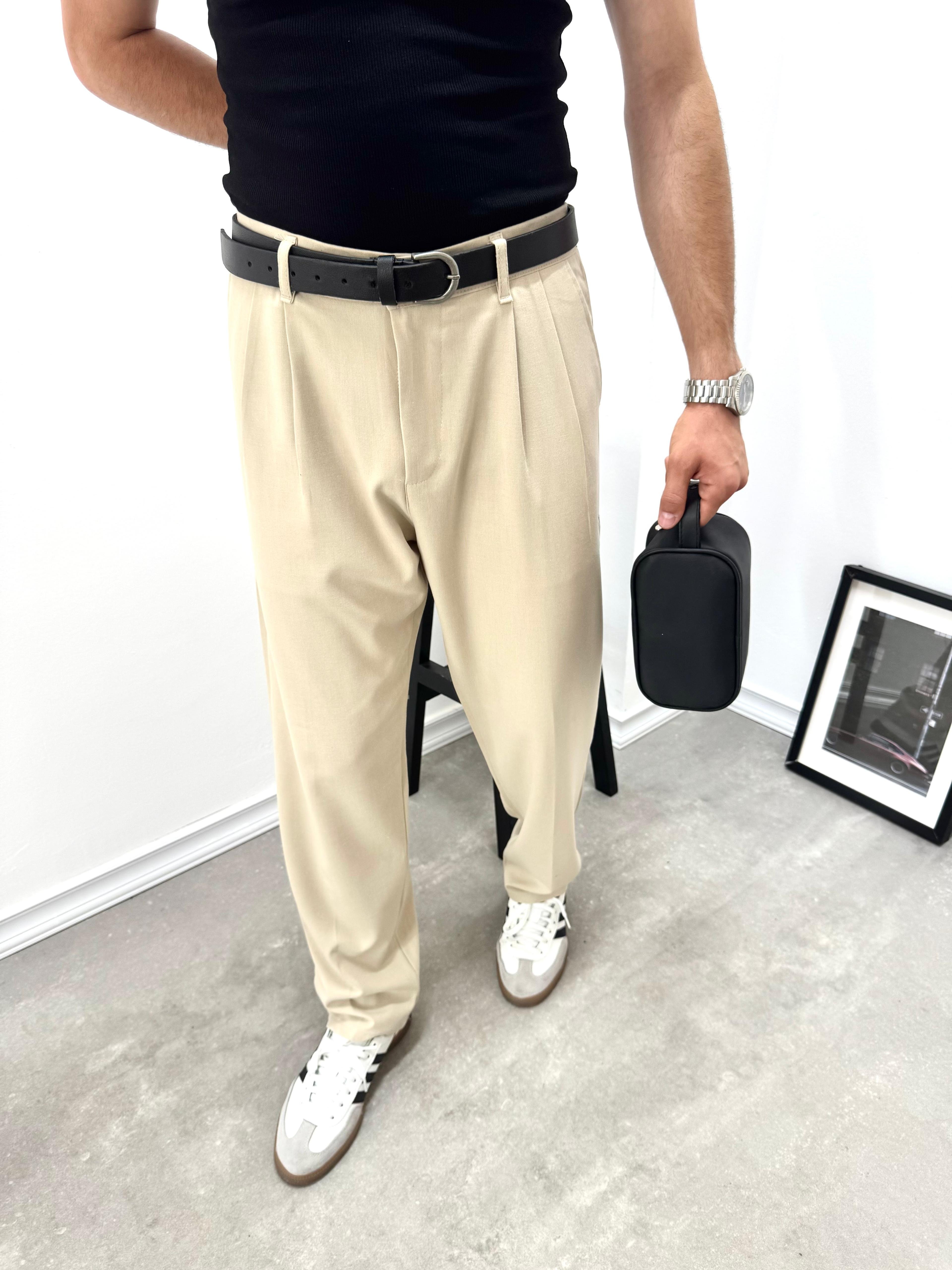PİLELİ BAGGY KUMAŞ PANTOLON - BEJ
