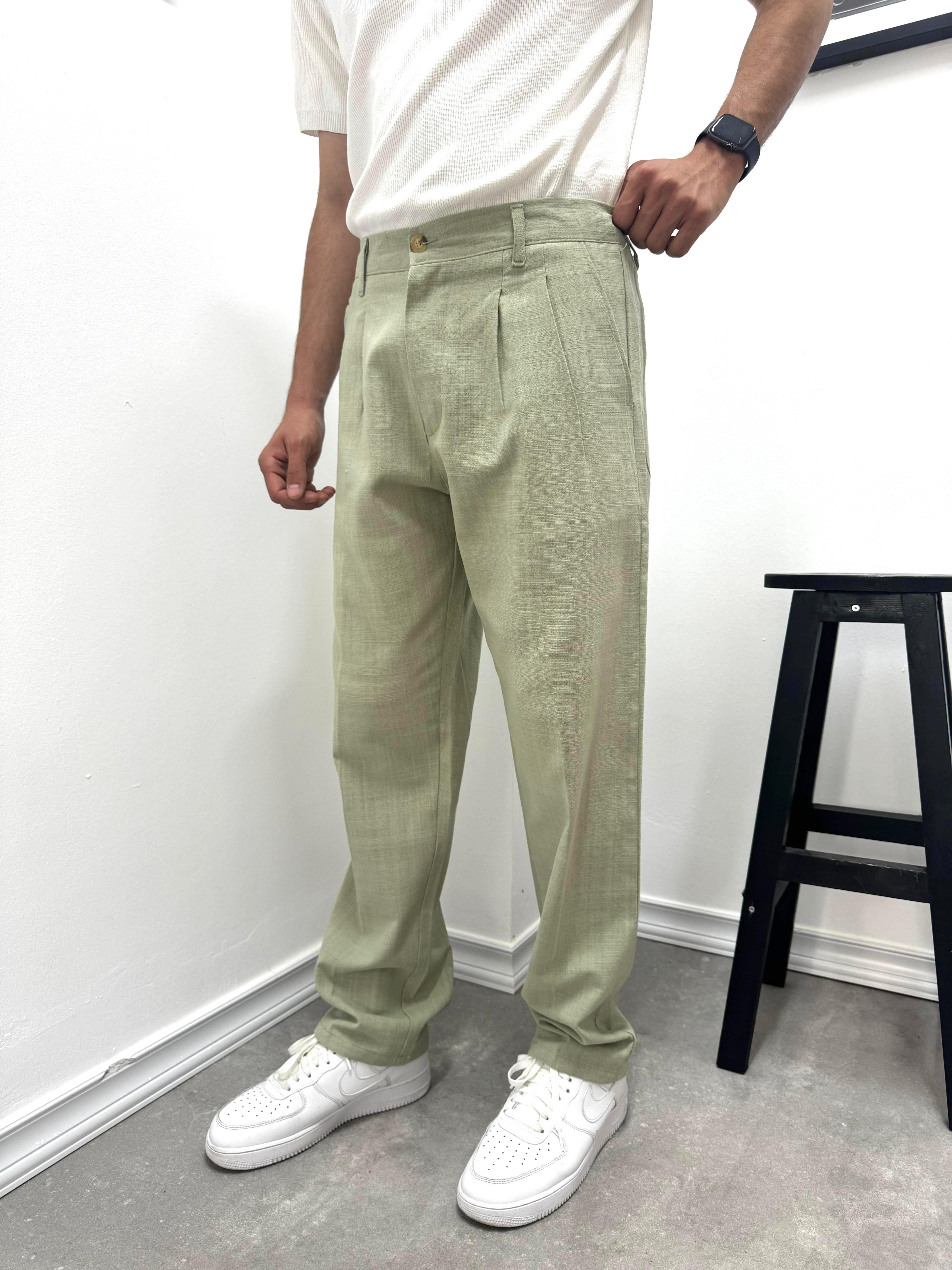 PİLELİ BAGGY KETEN PANTOLON - YEŞİL