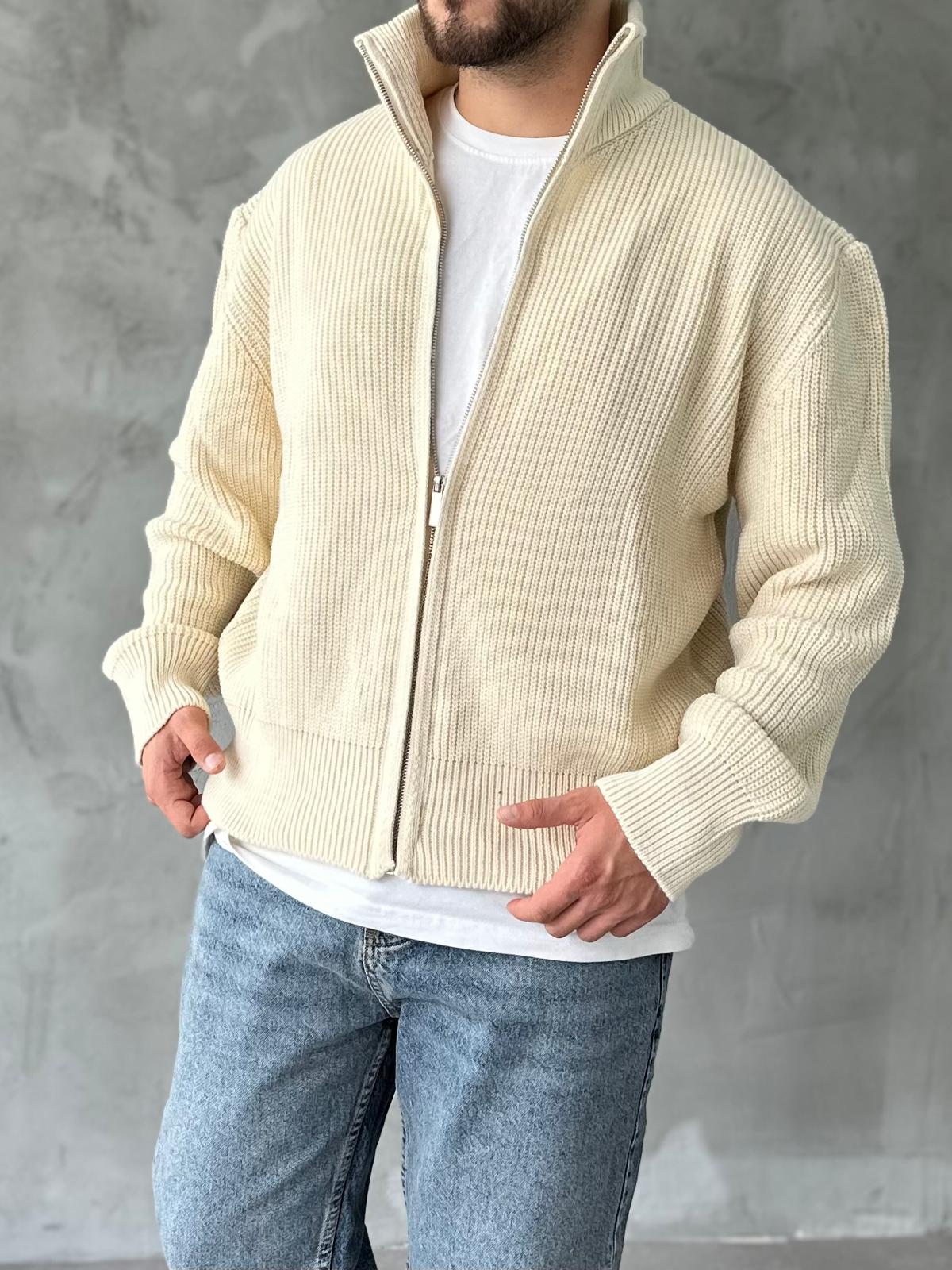 Ekru Tam Fermuarlı Oversize Örme Hırka