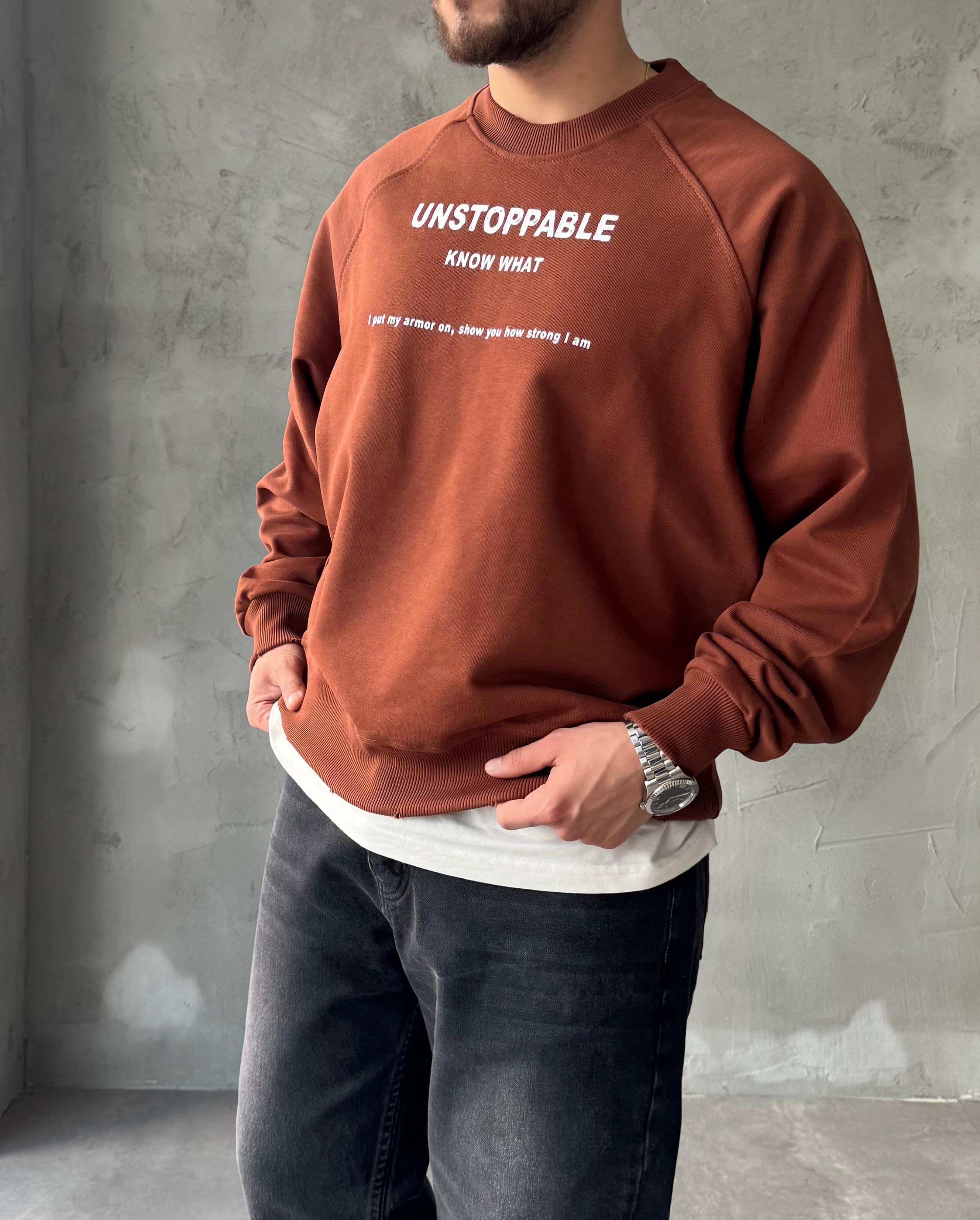 Kahve Unstoppable Baskılı Oversize Sweatshirt