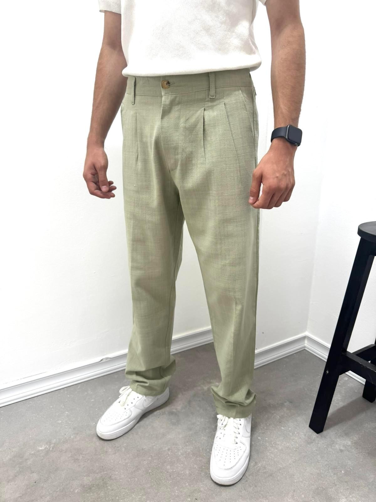 PİLELİ BAGGY KETEN PANTOLON - YEŞİL