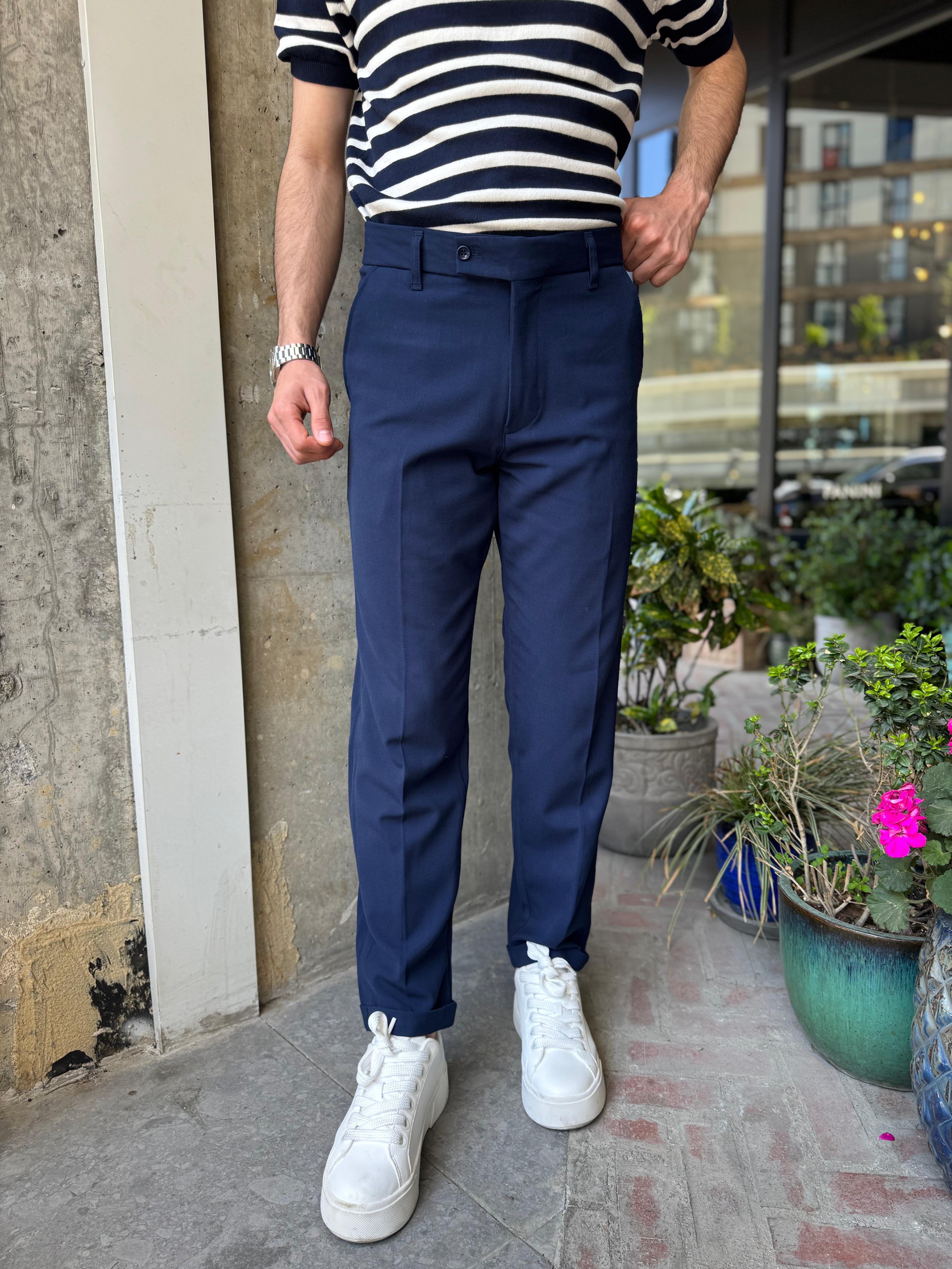DOUBLE PAÇA KISA DİLLİ KUMAŞ PANTOLON - LACİVERT