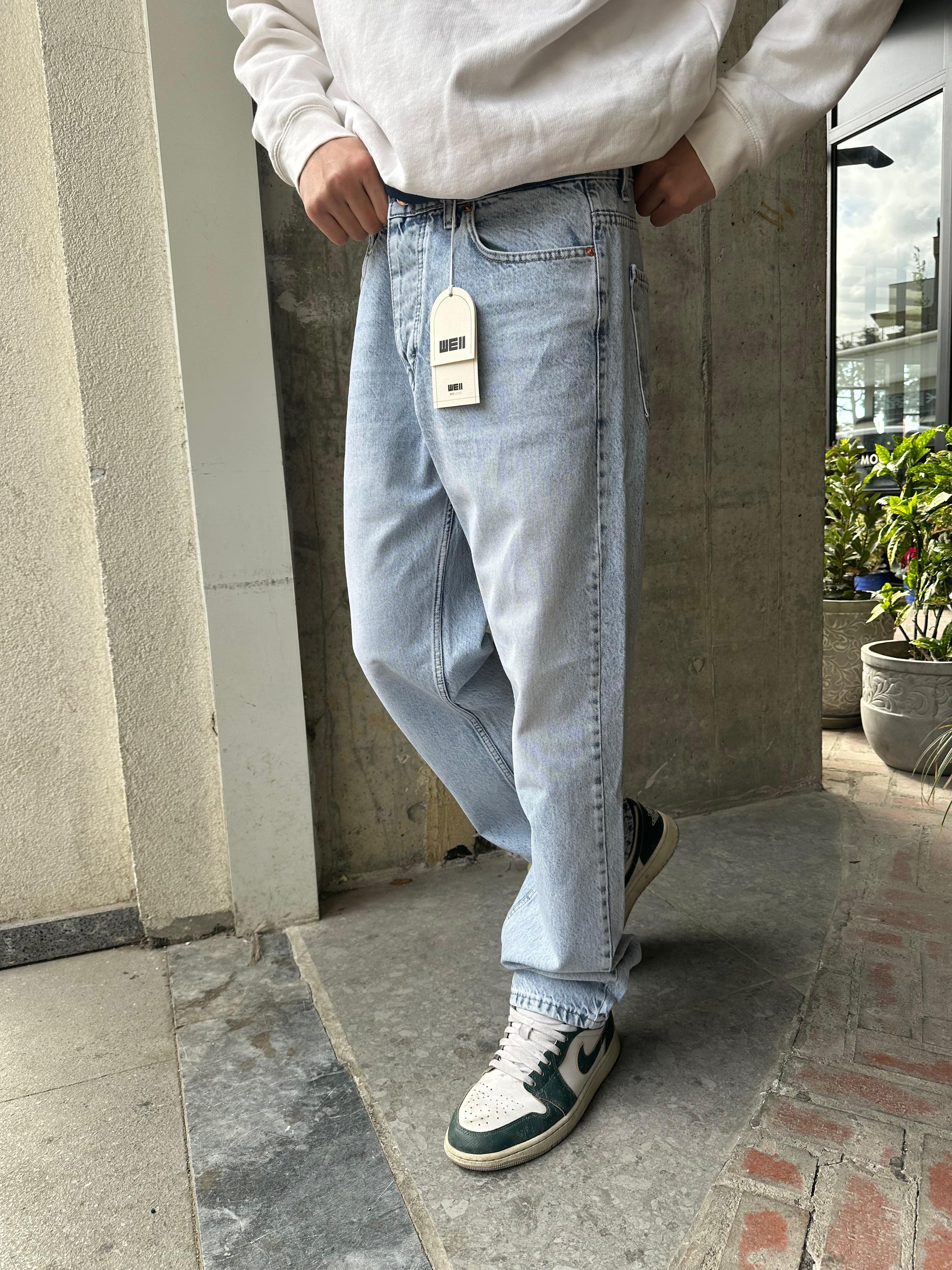 MAVİ TAŞLANMIŞ PREMİUM BAGGY JEAN - MAVİ