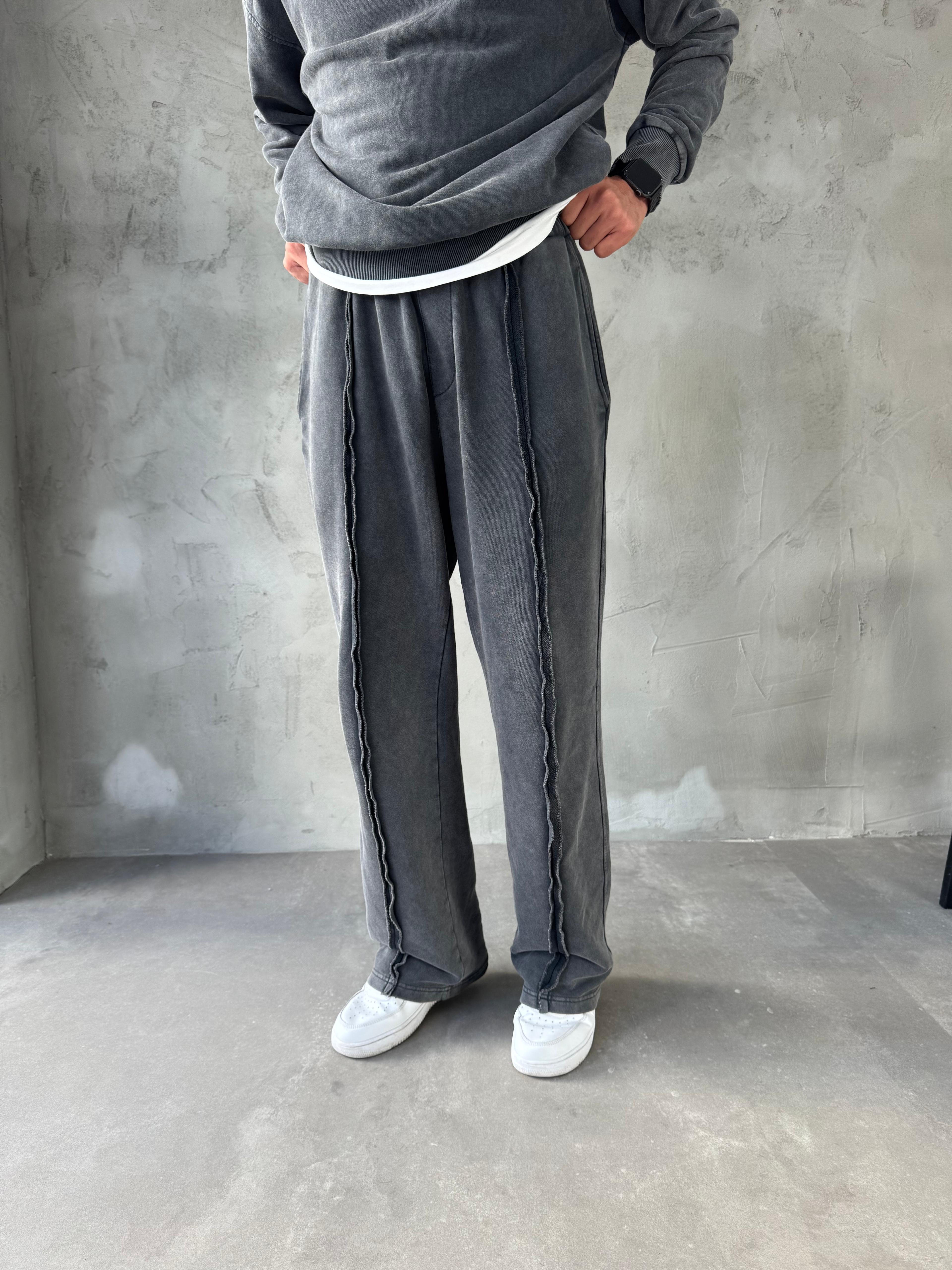 Antrasit Yıkamalı Dikiş Detaylı Baggy Eşofman